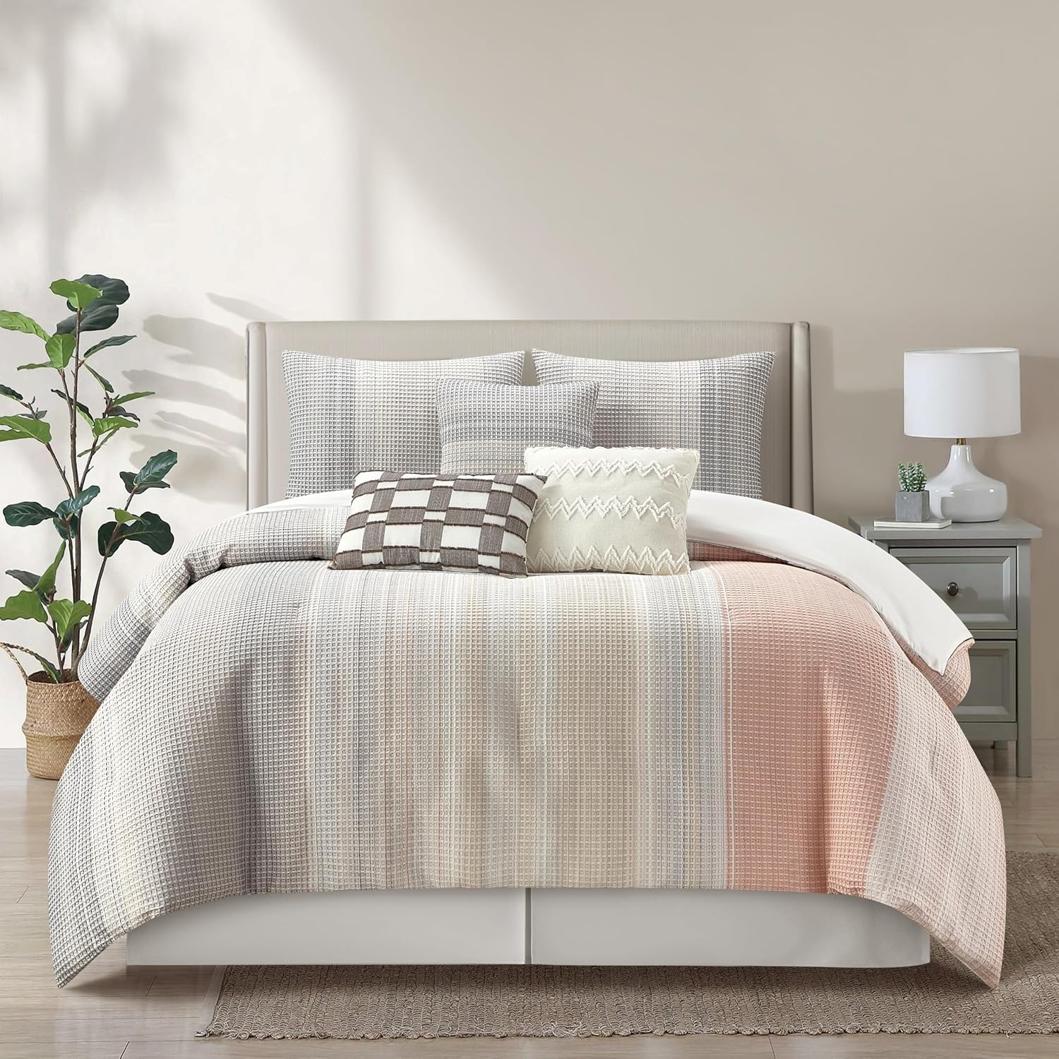 Grand Avenue Grey Waffle Jacquard Comforter Set Queen Size, 7 Piece Striped Bedding Set, All Season Home Decor, Matching Pillow Shams, Bedskirt, Decorative Pillows