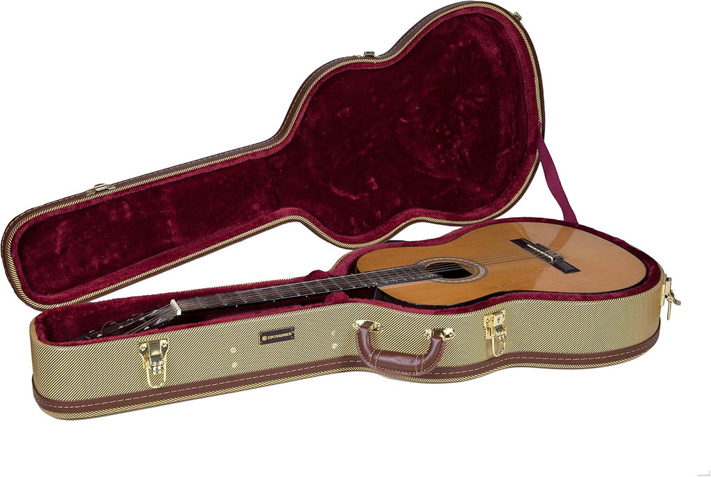Crossrock Case - Hard-Shell Wooden Guitar Case - Fits 4/4 Classical Nylon String Guitars - Stainless Steel Latches, Sponge Lining, Metal Feet, Storage Space - Vinyl Tweed