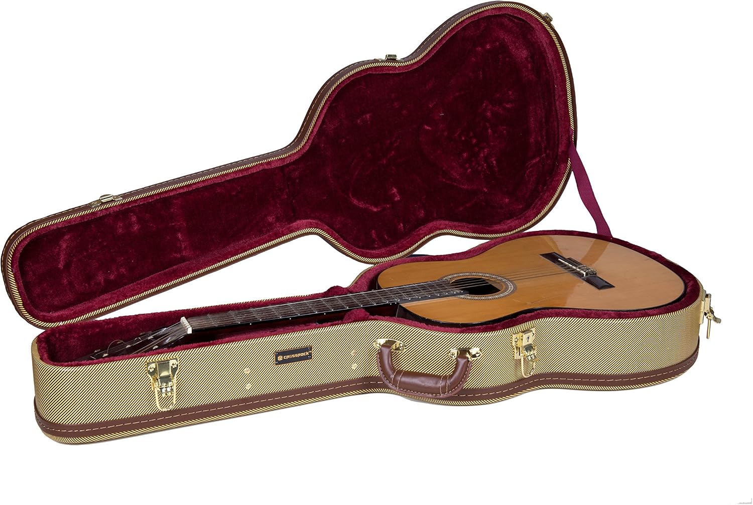 Crossrock Case - Hard-Shell Wooden Guitar Case - Fits 4/4 Classical Nylon String Guitars - Stainless Steel Latches, Sponge Lining, Metal Feet, Storage Space - Vinyl Tweed