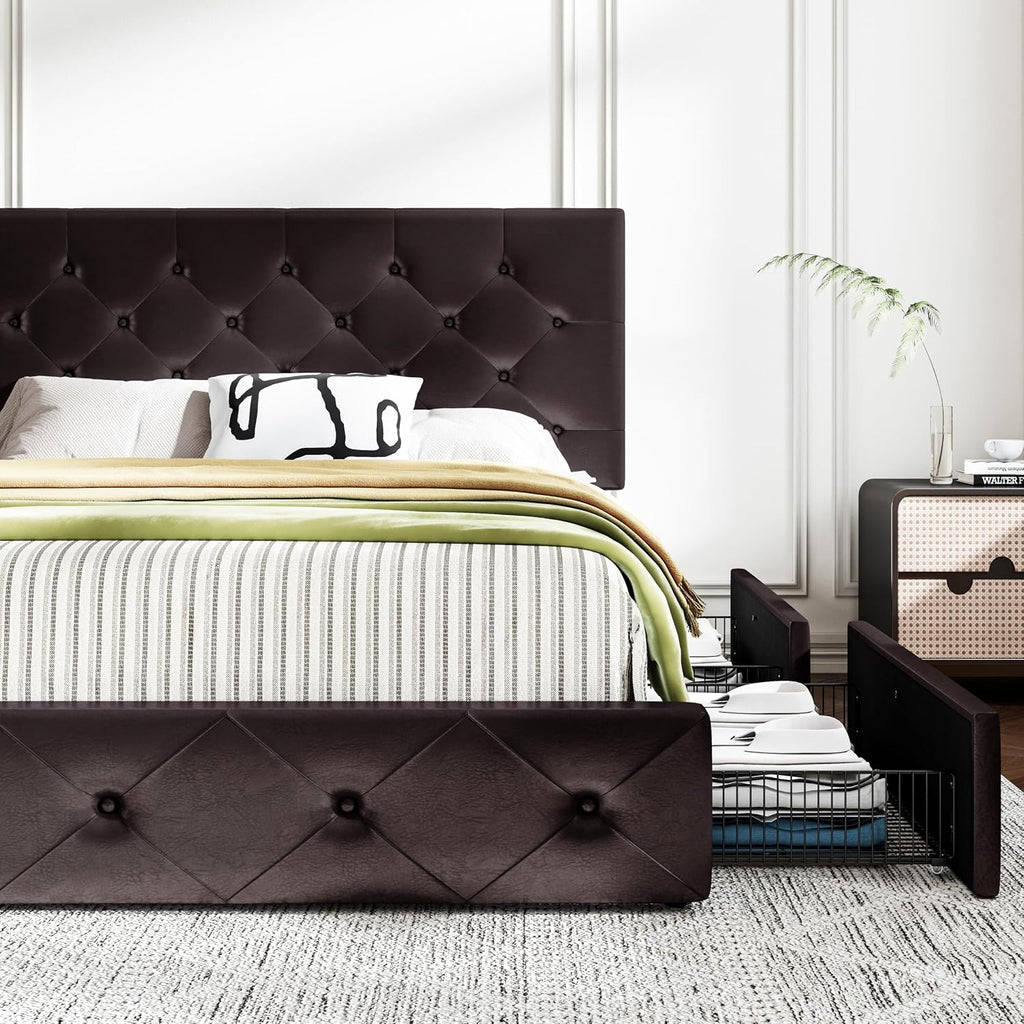 MUTICOR Full Size Bed Frame with 4 Storage Drawers, Upholstered Platform Bed with Button Tufted Adjustable Headboard, No Box Spring Needed, Easy Assembly, Diamond Tufted, Black Brown Leather