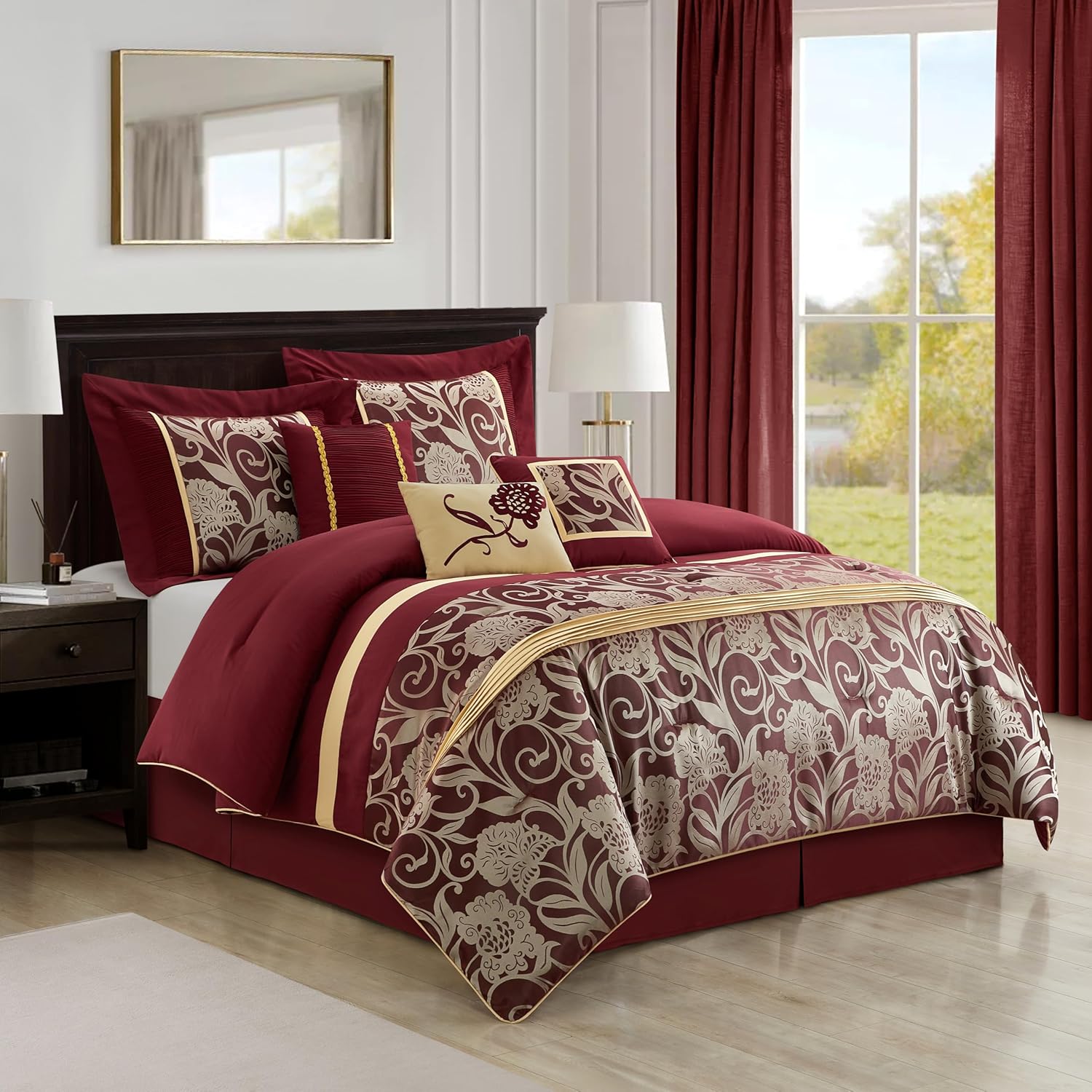Grand Avenue Black and Red Comforter Set King Size, 7 Piece Jacquard Floral Bedding Set, All Season, Ultra-Soft, Matching Pillows & Shams, Bed Skirt