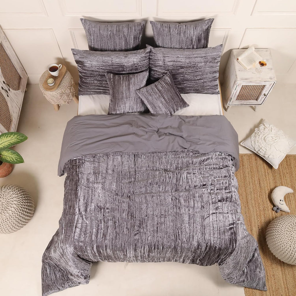 The Harry Creations 3 Pcs Set Solid Pattern Velvet Bedding Ultra Donna Crushed Luxury Boho Duvet Cover (Crush- Gray, Super King Plus 114' x 118')