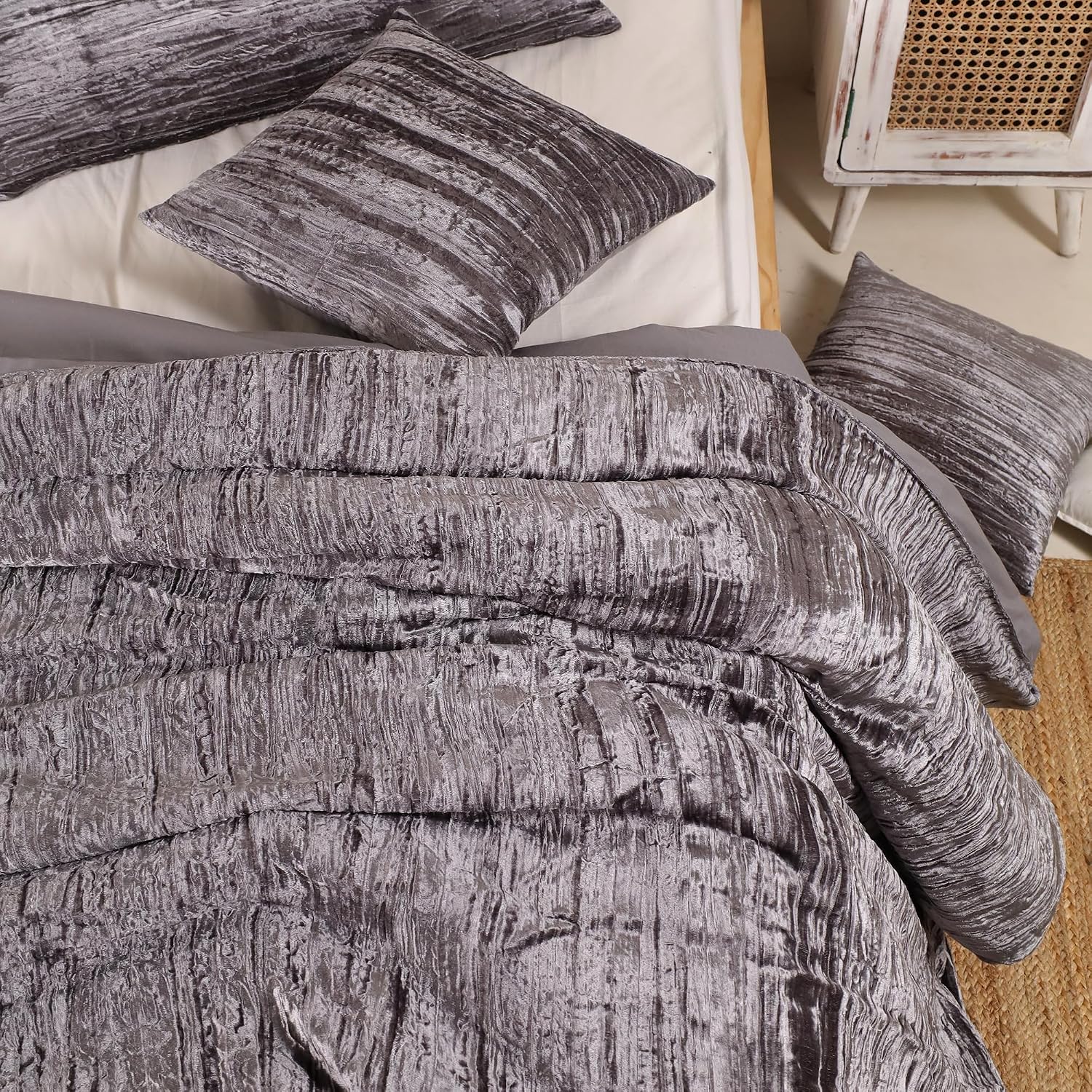 The Harry Creations 3 Pcs Set Solid Pattern Velvet Bedding Ultra Donna Crushed Luxury Boho Duvet Cover (Crush- Gray, Super King Plus 114' x 118')