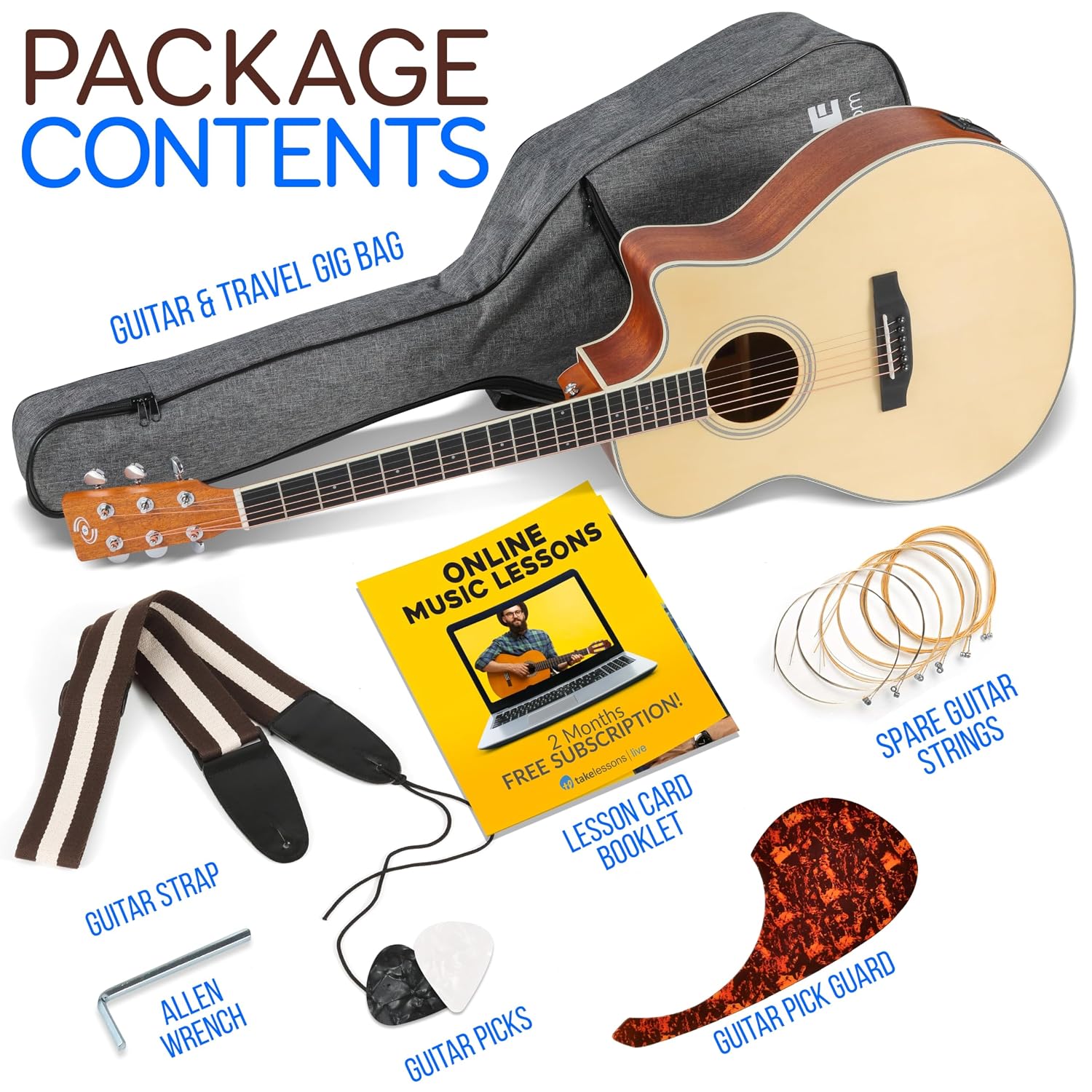 Pyle Premium Electric Acoustic Guitar Kit, 41' Full Size Dreadnought Cutaway with Spruce Top, Mahogany Sides, Gig Bag, Strap, Pickguard, Picks, Extra Steel String Set for Beginners, Advanced, Natural