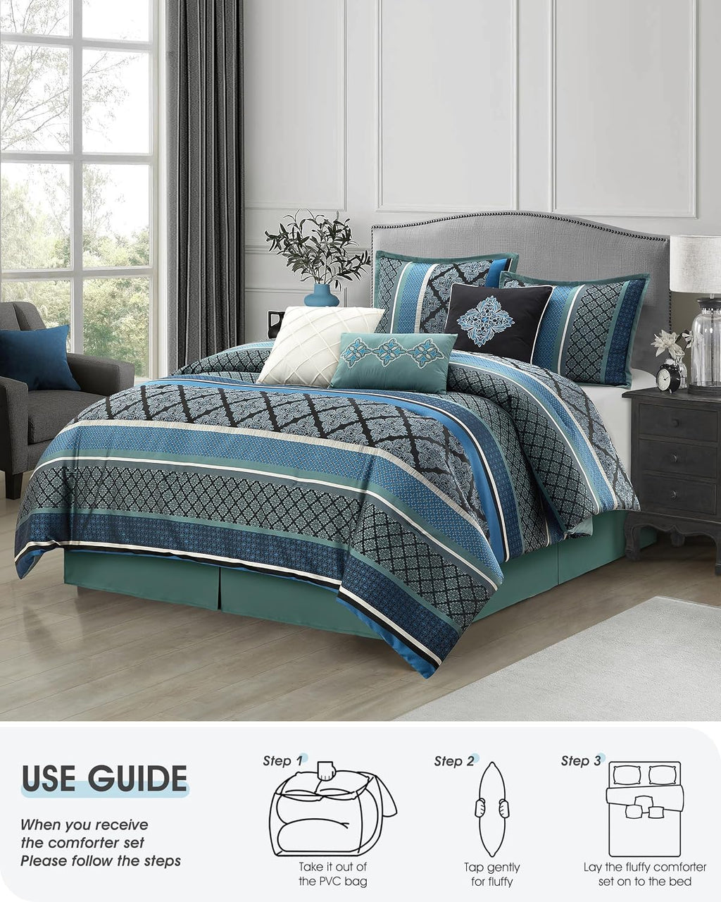 LANCO MODERN LIFESTYLE California King Comforter Set, Blue, Luxury Geometric Jacquard, All Seasons, 7 Pieces Bedding Set, Matching Shams, Bedskirt, Decorative Pillows