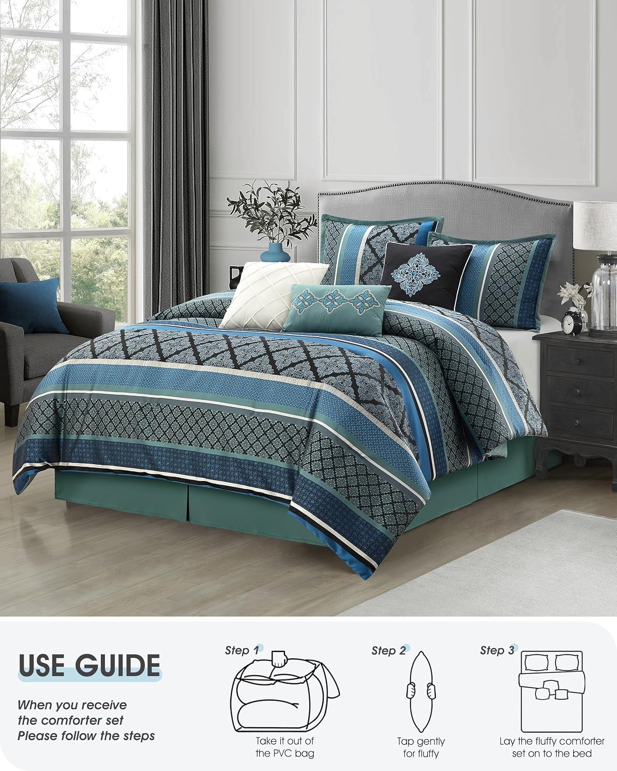 LANCO MODERN LIFESTYLE California King Comforter Set, Blue, Luxury Geometric Jacquard, All Seasons, 7 Pieces Bedding Set, Matching Shams, Bedskirt, Decorative Pillows