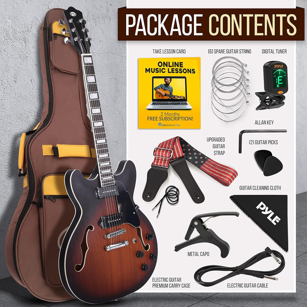 Pyle Semi Hollow Body Electric Guitar Set, 41.8' Full Size Jazz Instrument Kit with Gig Bag and Accessories, Matte Sunburst