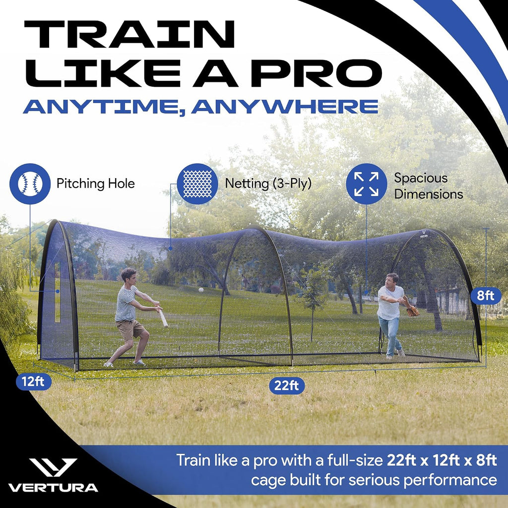 Portable 22ft x 12ft x 8ft Baseball & Softball Batting Cage – Easy to Install Hitting Cage with Pitching Machine Hole, 3-Ply Blue Netting, 14mm Fiberglass Poles, Secure Steel Frame & Carry Bag Include