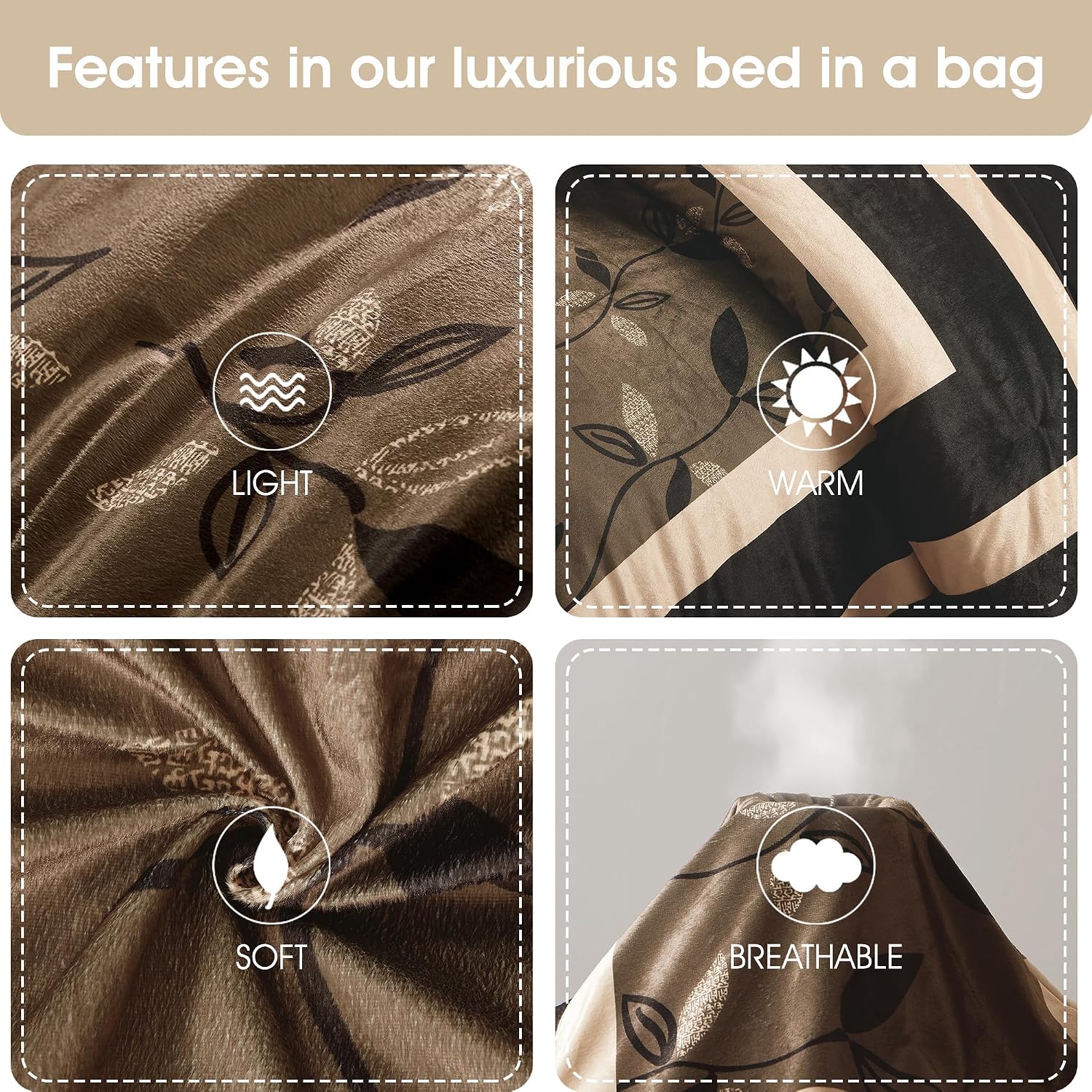 Stratford Park Elegant Leaves 7-Piece Comforter Bedding Set, Bronze, Queen Size, Short Plush Print Comforter Set, All Season Bedding Set