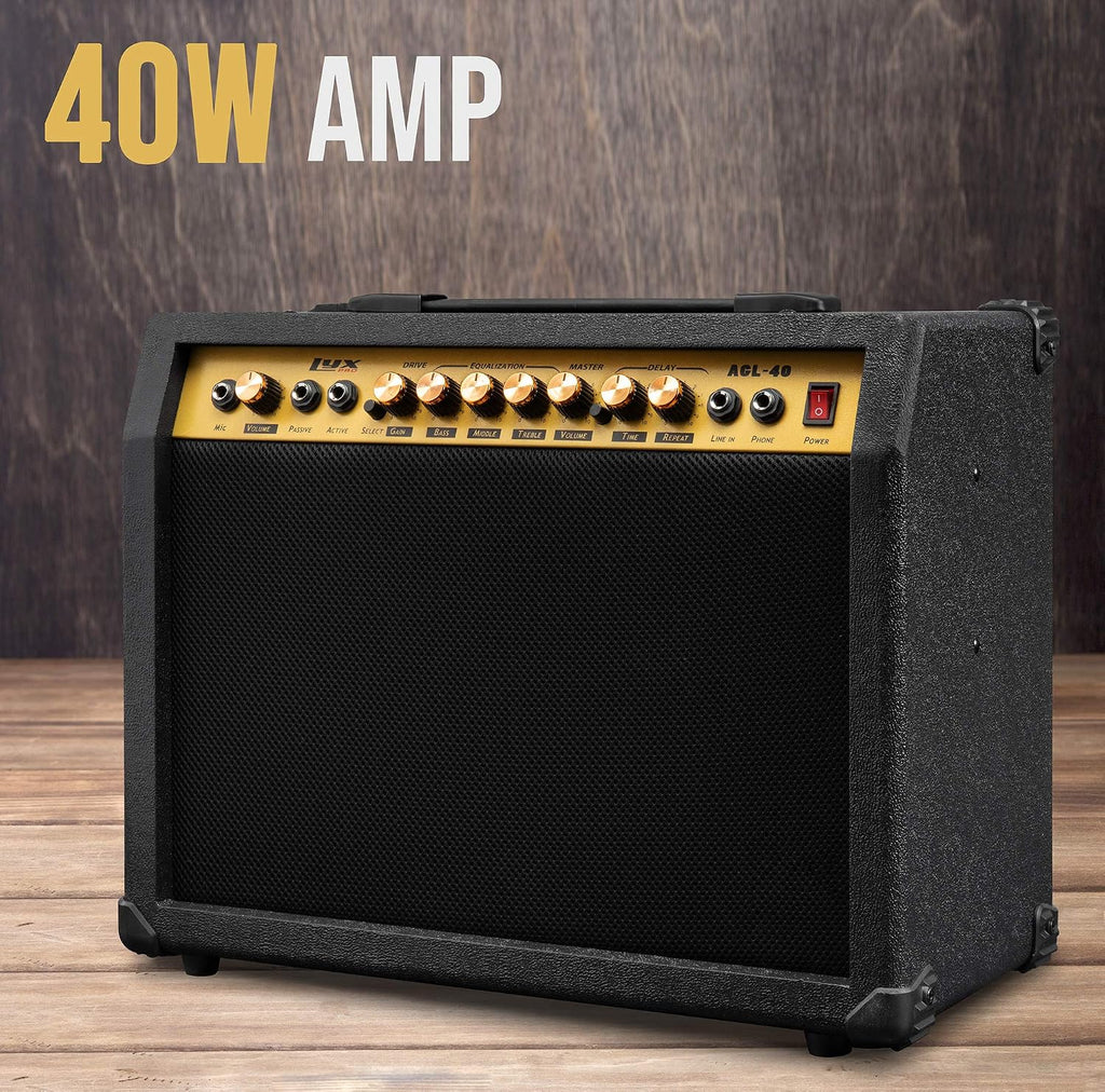 LyxPro 40 Watt Electric Guitar Amplifier | Combo Solid State Studio & Stage Amp with 8' 4-Ohm Speaker, Custom EQ Controls, Drive, Delay, ¼' Passive/Active/Microphone Inputs, Aux in & Headphone Jack