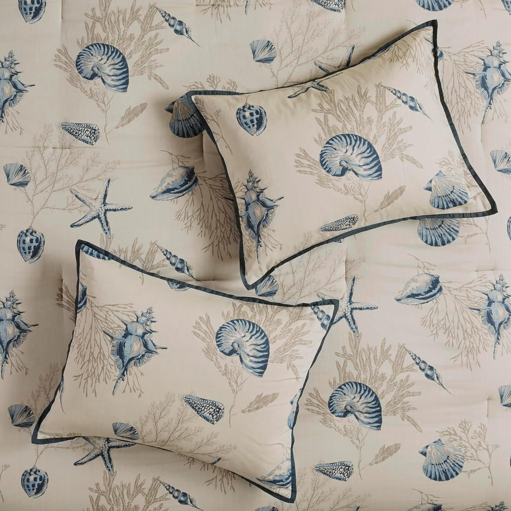Madison Park 100% Cotton Comforter Set - Coastal Coral, Starfish Design All Season Down Alternative Cozy Bedding with Matching Shams, Decorative Pillow, Cal King(104'x92'), Taupe 7 Piece