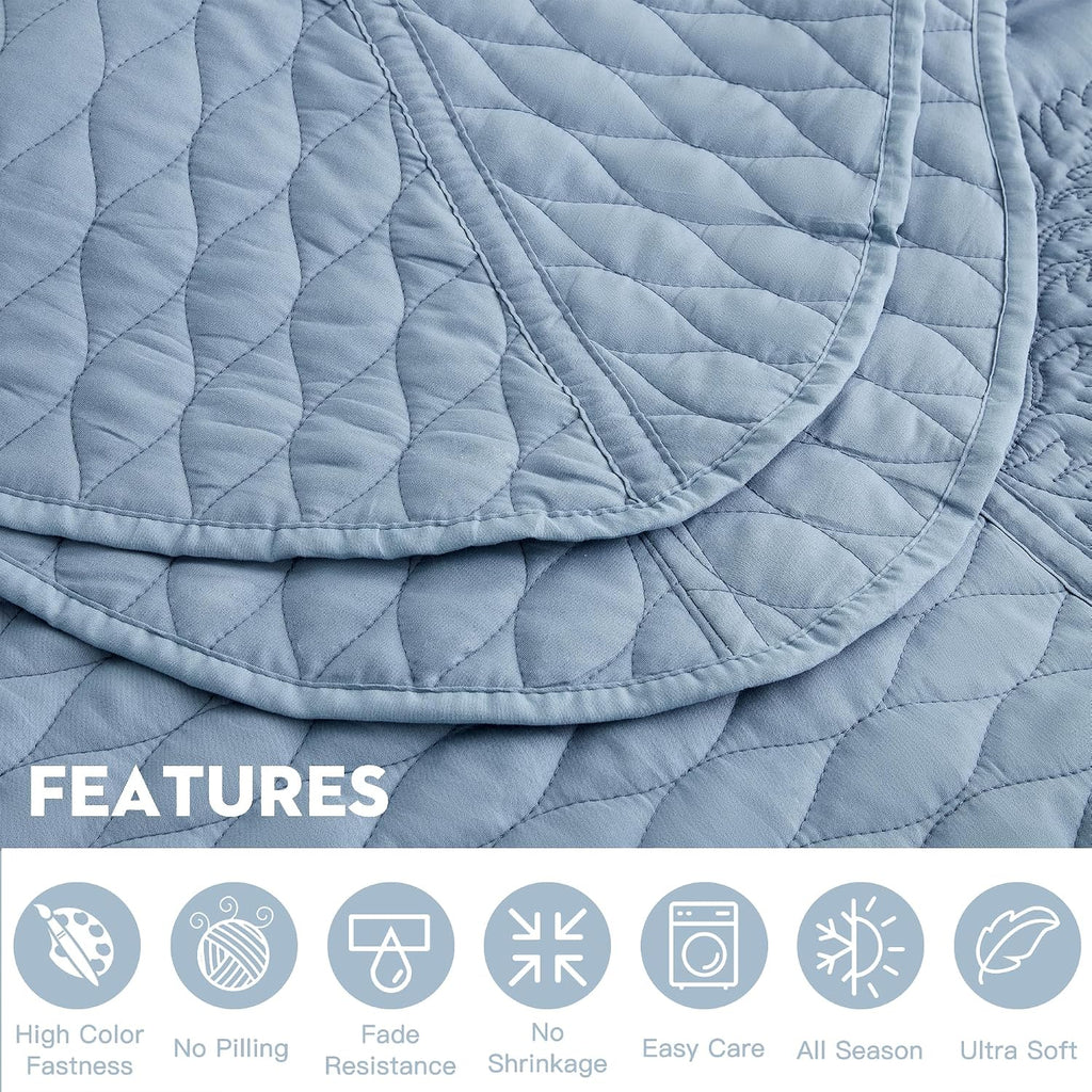 DaisyHuang Botanical Oversized Bedspread King Size - Leaves Pattern Stitching Quilt Set - Elegant & Fresh Style Bedding Coverlets, Reversible, Lightweight, 5 Piece, Ashley Blue