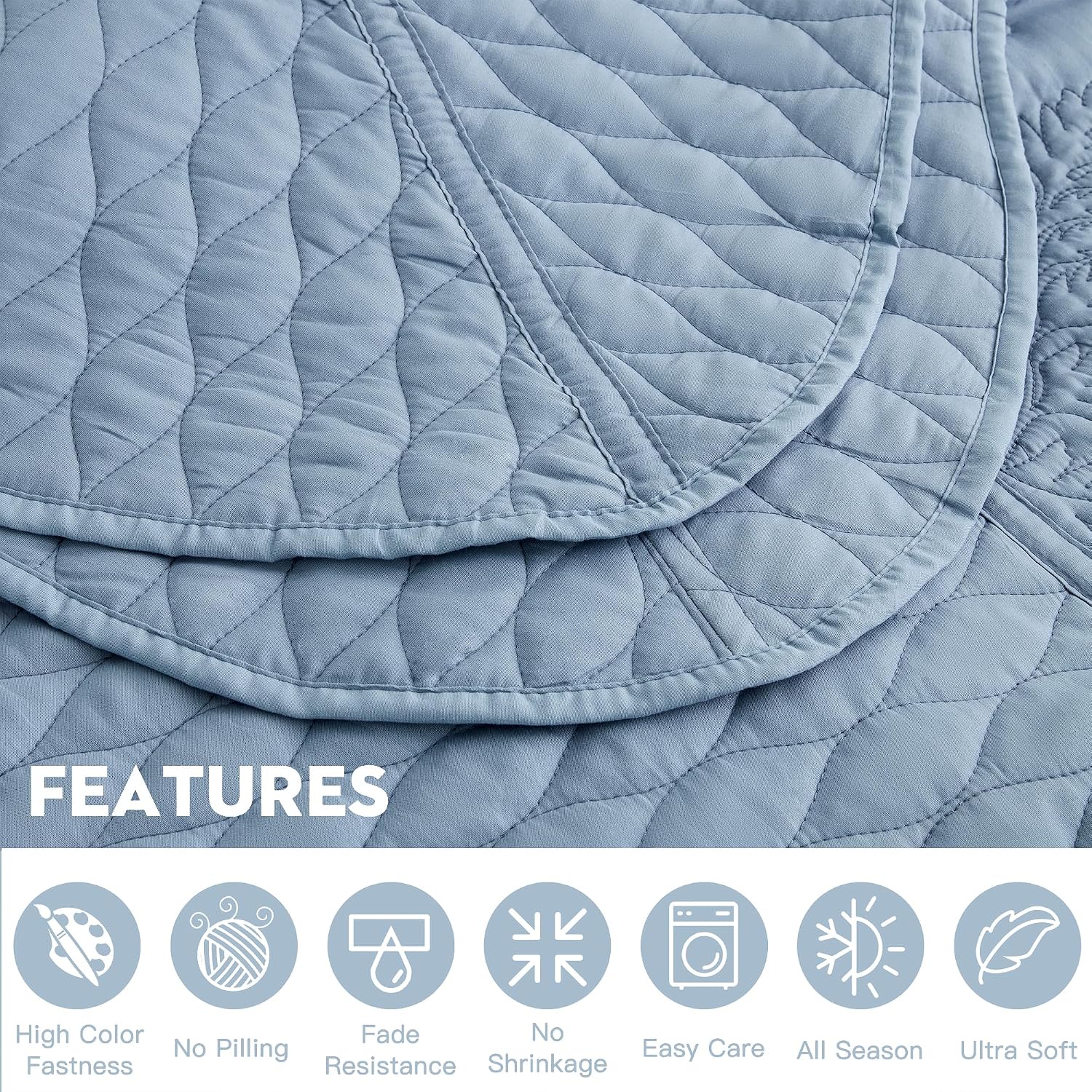 DaisyHuang Botanical Oversized Bedspread King Size - Leaves Pattern Stitching Quilt Set - Elegant & Fresh Style Bedding Coverlets, Reversible, Lightweight, 5 Piece, Ashley Blue