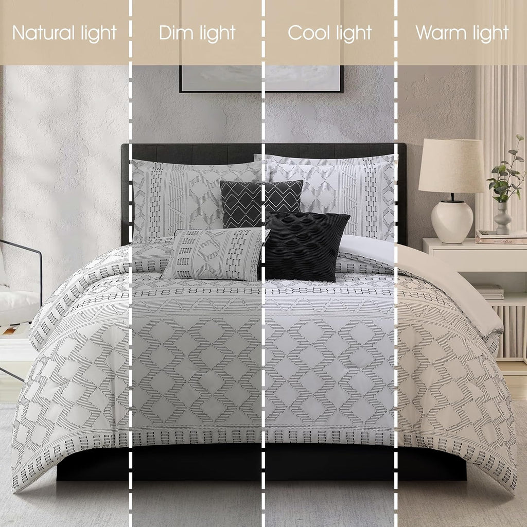 Grand Avenue 7 Piece White Black Comforter Set, Queen Size Clip Bedding Set, All Season Geometric Bedding Set, Matching Pillows, Shams, Bed Skirt