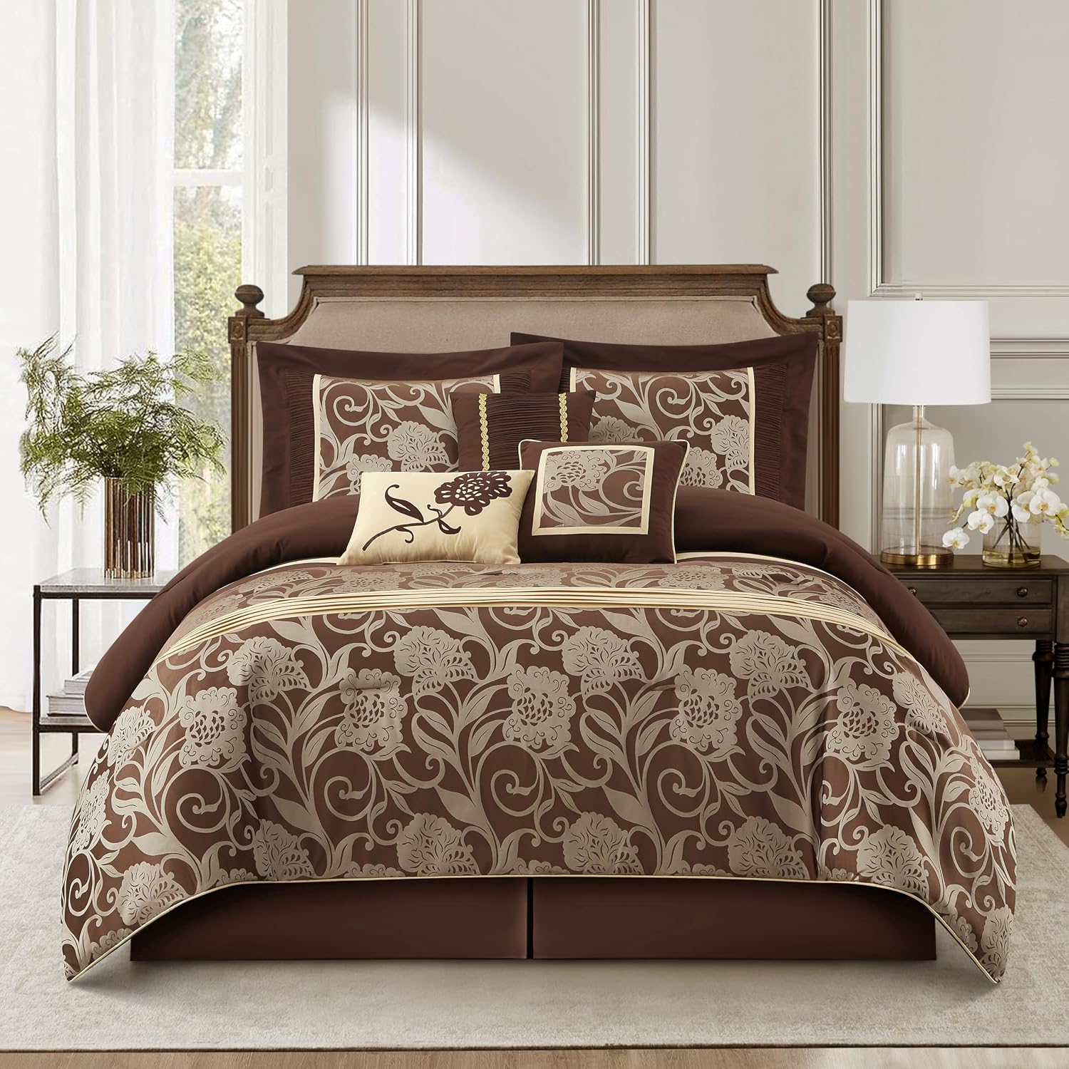 Grand Avenue Brown Gold Comforter Set King Size, 7 Piece Jacquard Floral Bedding Set, All Season, Ultra-Soft, Matching Pillows & Shams, Bed Skirt