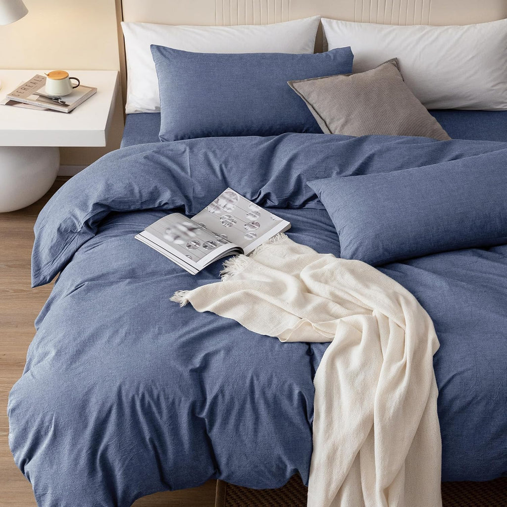 JIYUAN Super King Plus Duvet Cover Set, 3-Piece - 100% Washed Cotton, Linen-Like Soft & Breathable with Zipper Closure, Includes 120x120 Inch Cover & 2 Pillowcases, Heathered Blue