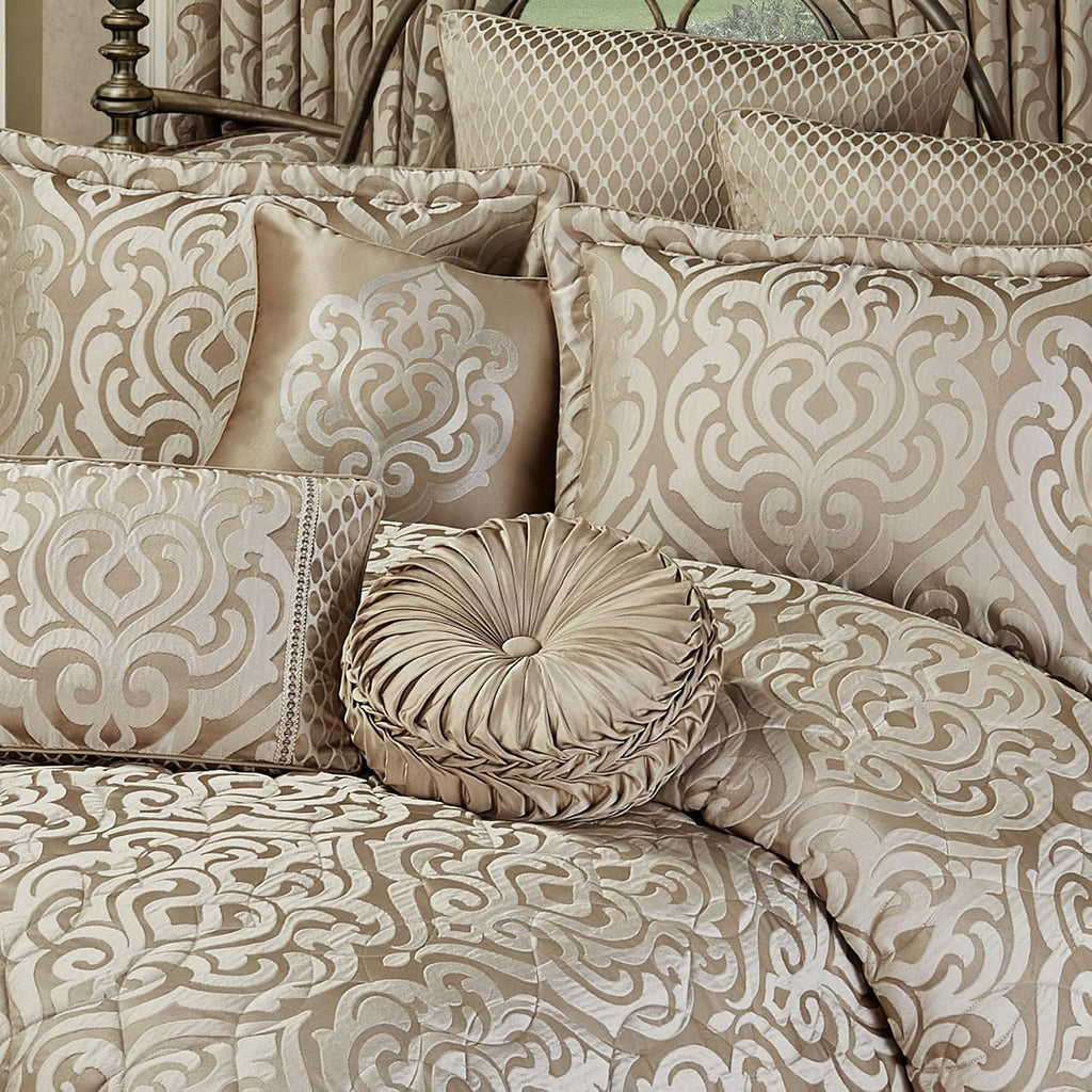 Davenport Luxury Bedding | Neutral Jacquard-Woven Puffed Scrollwork | 10 Pc Set includes Cal King Bedspread, 2 King Shams, 2 European Shams, 2 Euro Pillow Inserts, and 3 Decorative Reversible Pillows