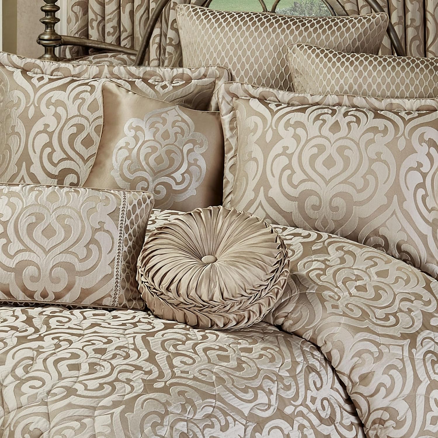 Davenport Luxury Bedding | Neutral Jacquard-Woven Puffed Scrollwork | 10 Pc Set includes Cal King Bedspread, 2 King Shams, 2 European Shams, 2 Euro Pillow Inserts, and 3 Decorative Reversible Pillows