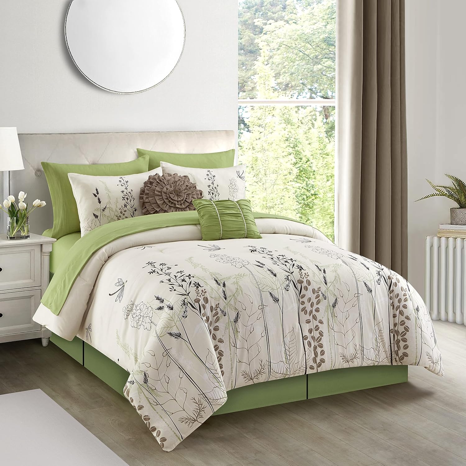 Stratford Park Green/White Bed Sets Queen with Comforter, 10 Piece, Microfiber Print All Season Premium Bedding Set,1 Flat Sheet,1 Fitted Sheet