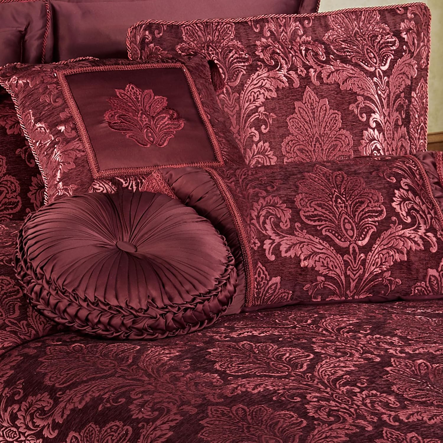 Camelot Luxury Bedding | Robust Burgundy | Matte Satin Damask on Richly Textured Jacquard-Woven Chenille | 7 Piece Set Includes Cal King Comforter, Bedskirt, 2 King Shams, and 3 Decorative Pillows
