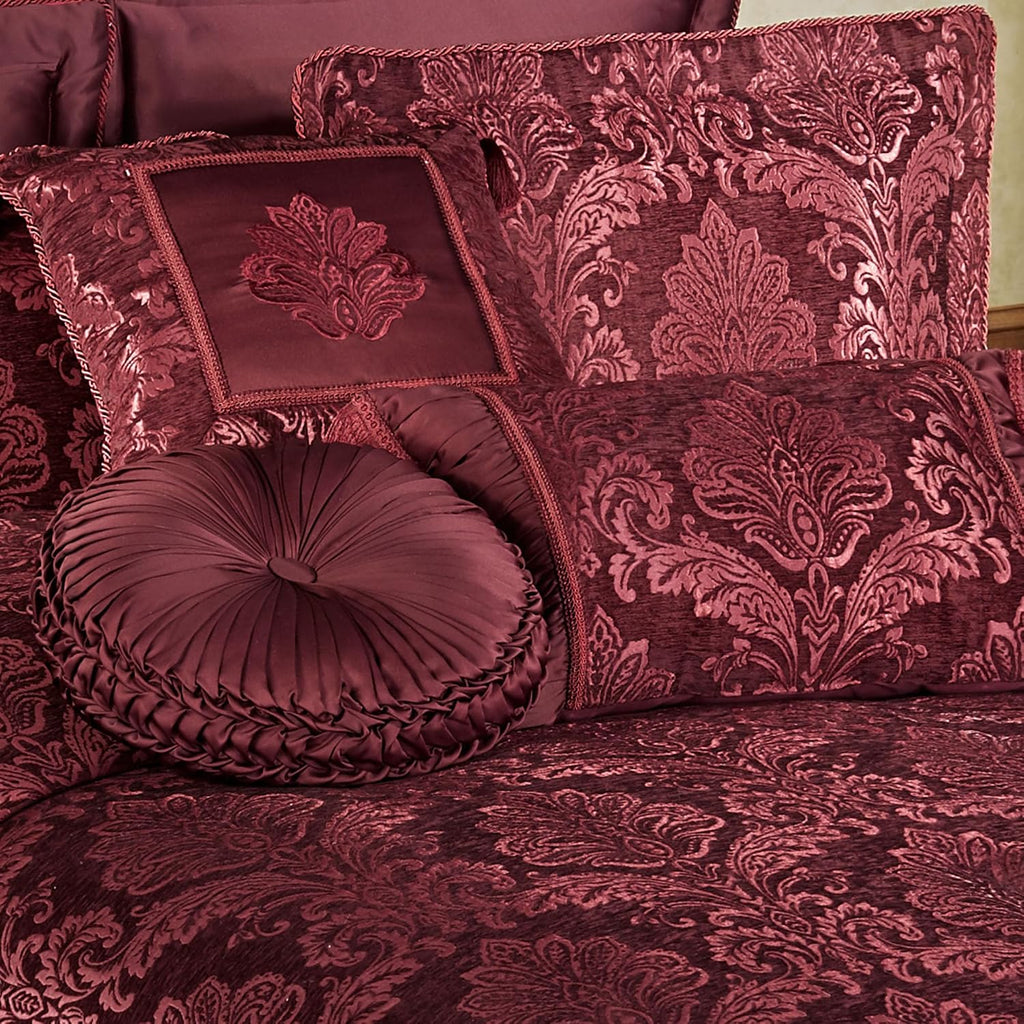 Camelot Luxury Bedding | Robust Burgundy | Matte Satin Damask on Richly Textured Jacquard-Woven Chenille | 7 Piece Set Includes King Comforter, Bedskirt, 2 King Shams, and 3 Decorative Pillows