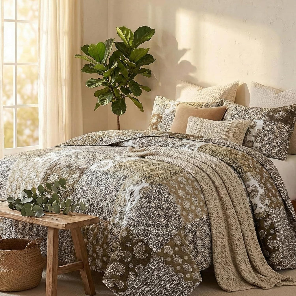 DaDa Bedding Bohemian Cotton Real Patchwork Floral Quilt Bedspread - Moroccan Dreams Filigree Paisley Olive Green Brown - Reversible Multi-Colorful Rustic Quilted Coverlet Set - Twin - 2-Pieces