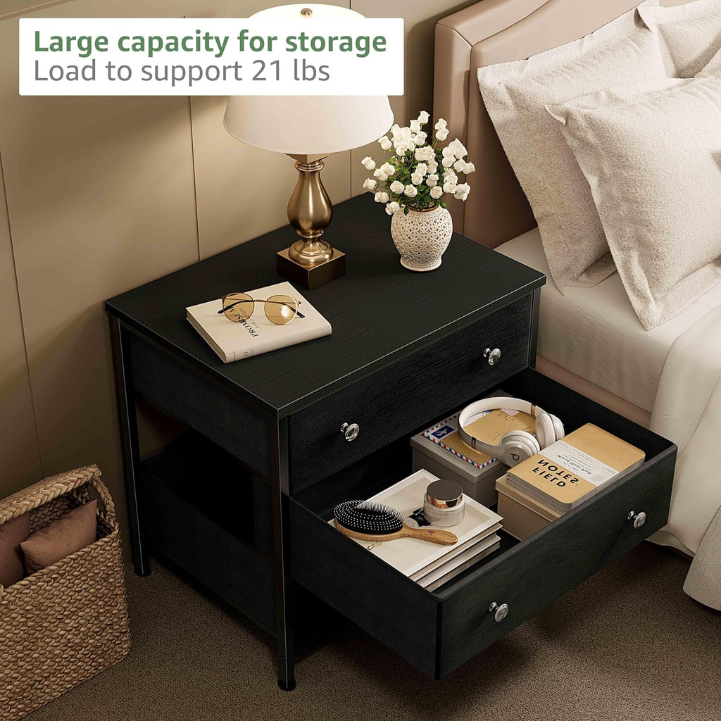 BOLUO Black Nightstands Set of 2, Large Night Stand Fabric 3 Drawer Dresser for Bedroom Closet,Girls Modern