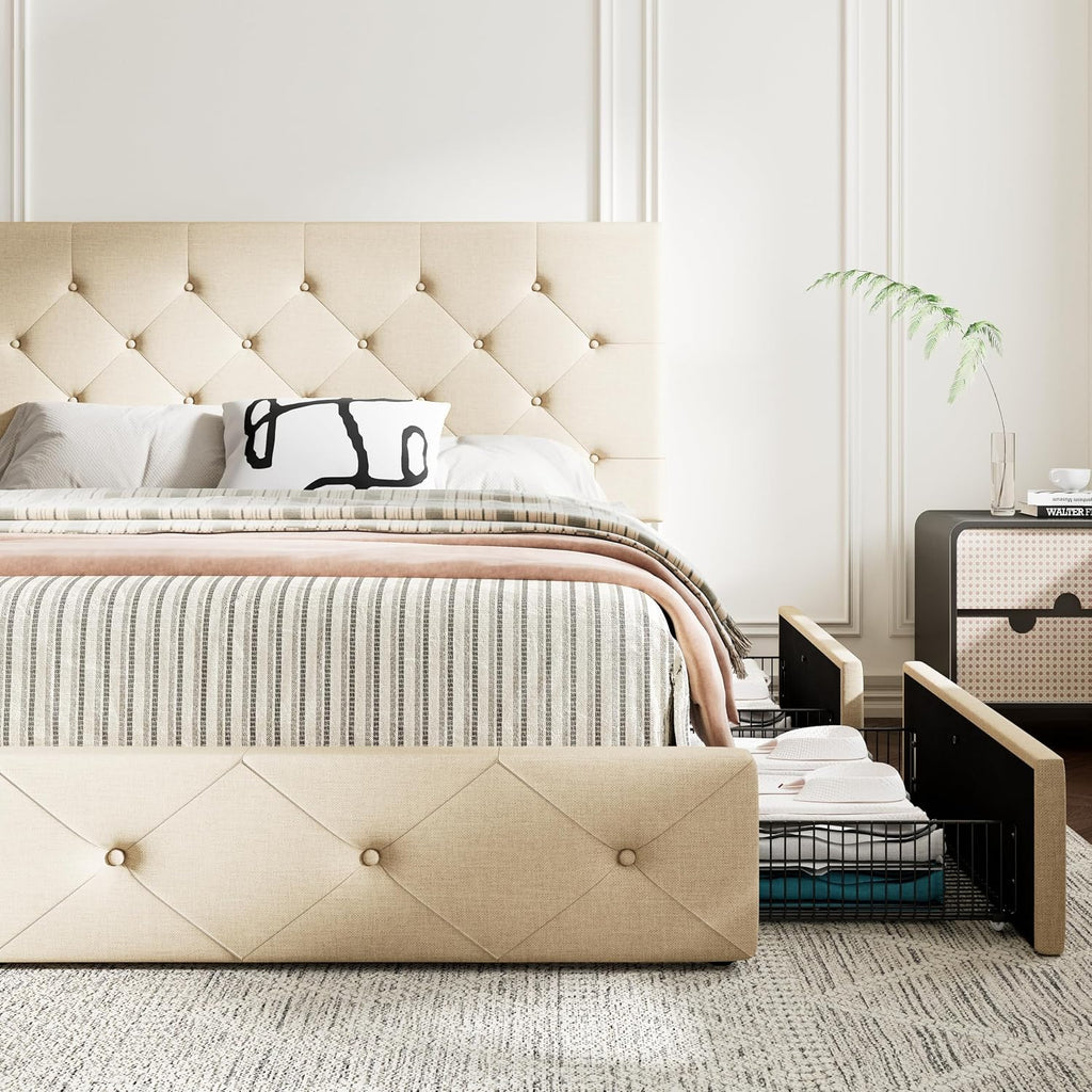 MUTICOR Full Size Bed Frame with 4 Storage Drawers, Upholstered Platform Bed with Button Tufted Adjustable Headboard, No Box Spring Needed, Easy Assembly, Diamond Tufted, Beige Fabric