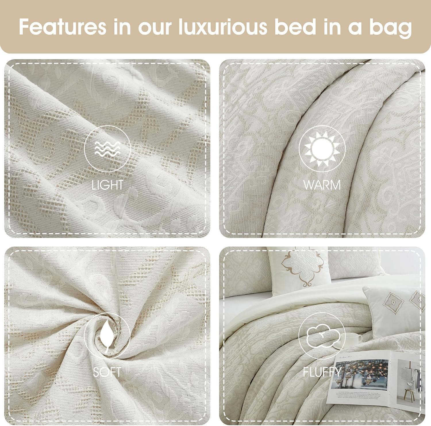 Grand Avenue 6 Piece Cotton White Comforter Set, Queen Size Jacquard Bedding Set, All Season Geometric Bedding, Matching Pillows, Shams, Bed Skirt