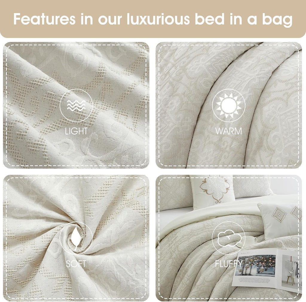 Grand Avenue 6 Piece Cotton White Comforter Set, King Size Jacquard Bedding Set, All Season Geometric Bedding, Matching Pillows, Shams, Bed Skirt