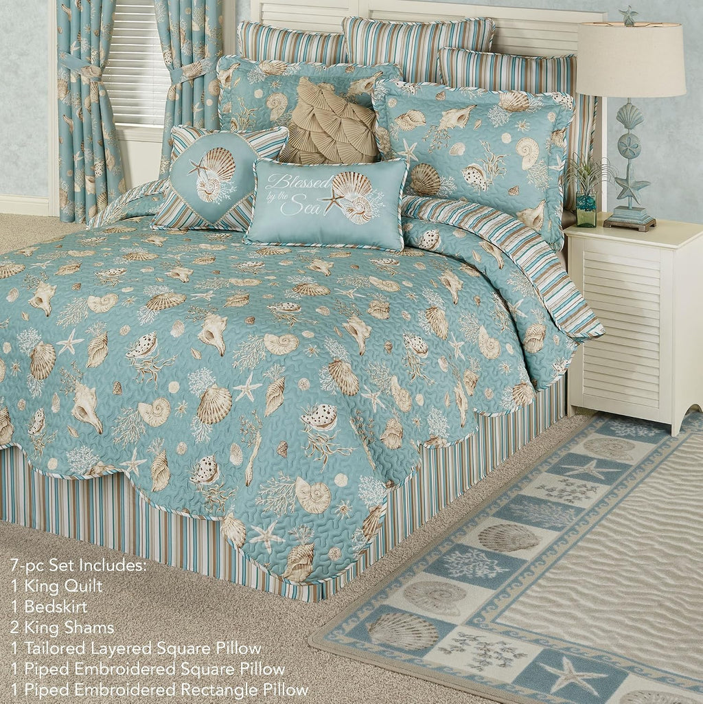 Seabreeze Coastal Beach Bedding | All Season Quilted | Shell Starfish Coral Stripe | Aqua Teal Ivory Cream | 7 Pc Set: King Quilt, 2 King Shams, Bedskirt, 2 Square Pillows, Rectangle Pillow
