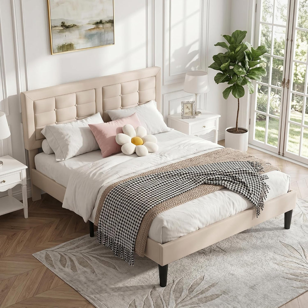 VECELO Full Size Bed Frame, Adjustable Upholstered Button Tufted Headboard, Heavy-Duty Bedframe with Wood Slats Support, No Box Spring Needed, Beige