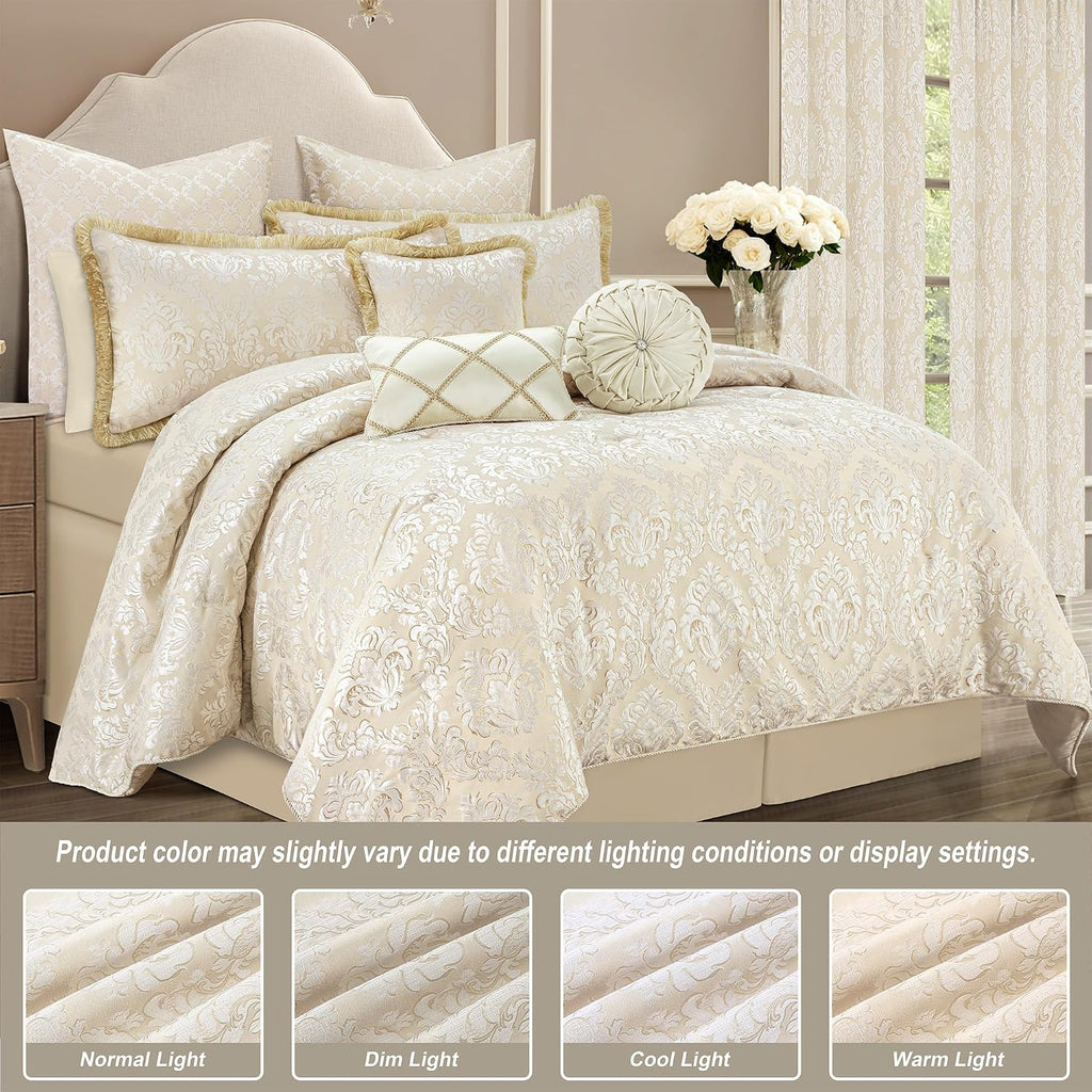 Loom and Mill 9-Piece Elegant Damask Comforter Sets Jacquard Medallion Design, Ultra Soft Floral Bedding with Euro Shams, Bedskirt, Filled Decorative Pillow for Home (Beige White, Queen)