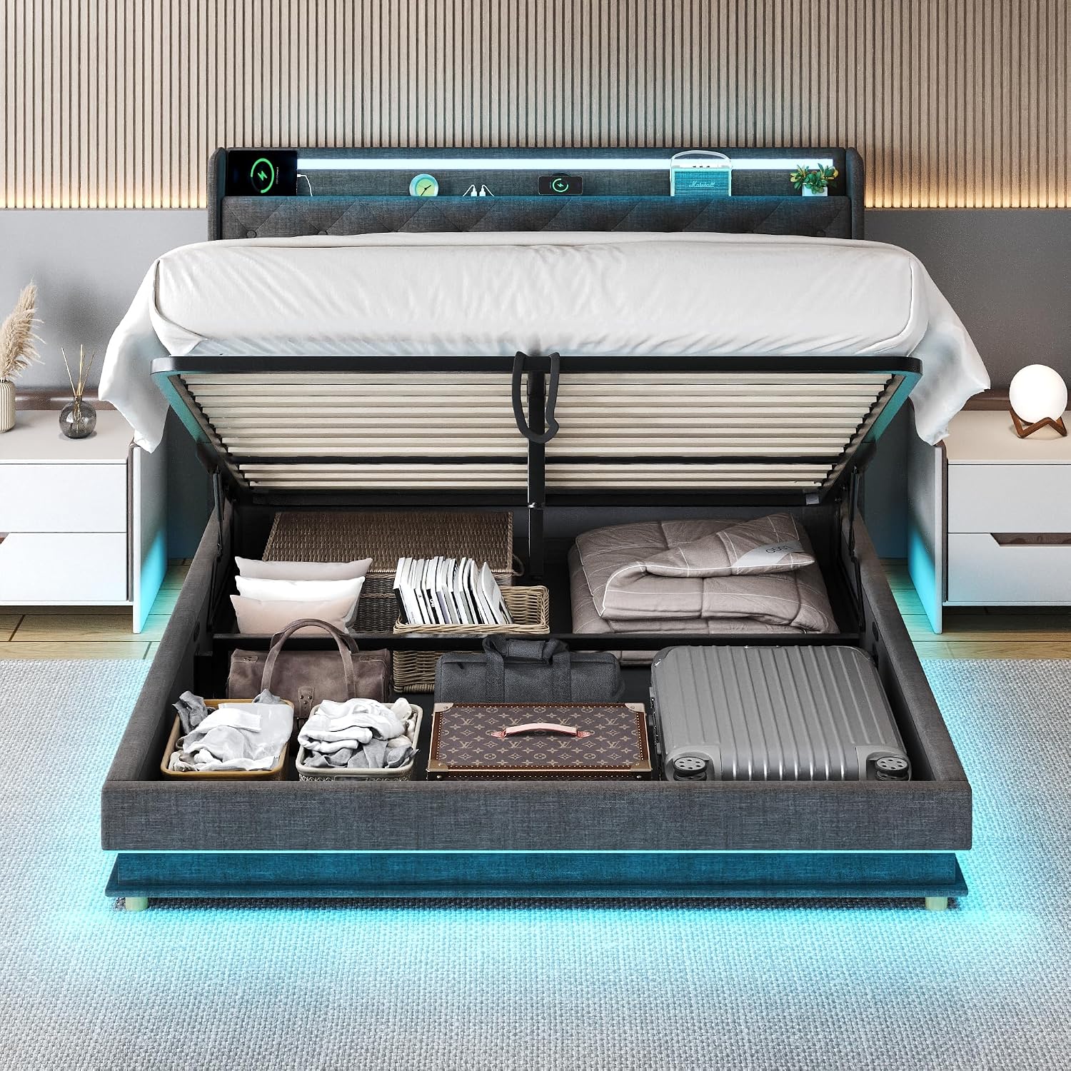 Ailisite Lift Up Storage Queen Bed, Upholstered Platform Bed with Button Tufted Wingback Storage Headboard, Bed Frame Queen Size with Led Lights and Charging Station, No Box Spring Needed, Grey