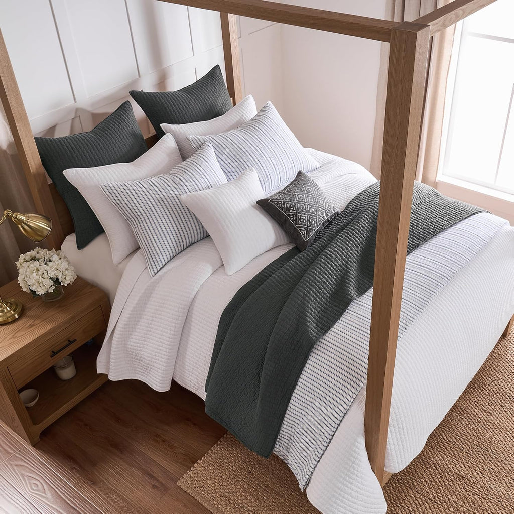 Levtex Home Cross Stitch Reversible Full/Queen Quilt Set (88x92in) and 2 Pillow Shams (26x20in) - Stitch Texture - Bright White - Cotton Full/Queen Size Quilt Bedding Set - Lightweight Soft Pre-Washed