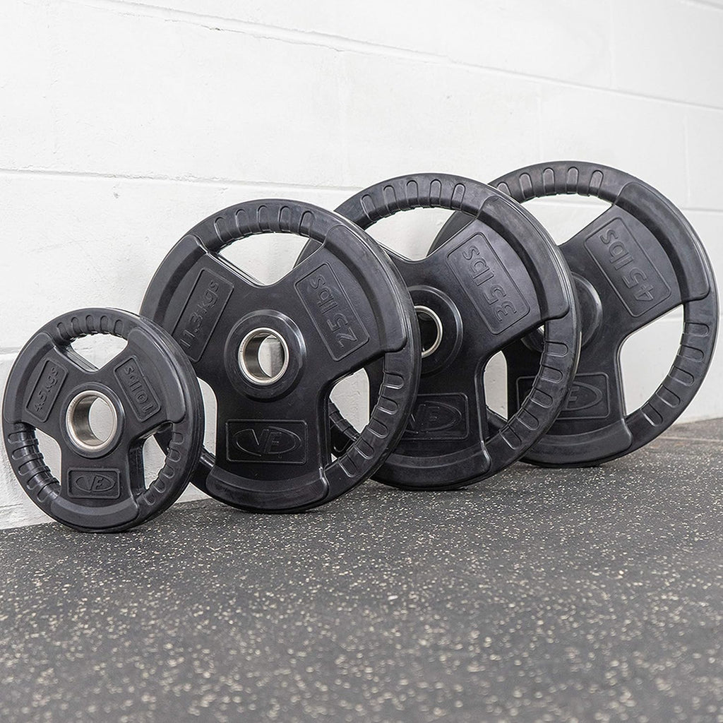 Valor Fitness OP Olympic Weight Plates Coated Rubber Weights w/Weight Plate Set, Barbell Weights w/Grips for Home Gym