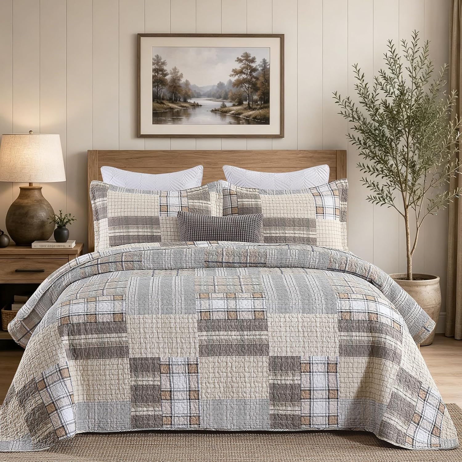 KALOOLA 100% Cotton Quilt Set King Size, Farmhouse Plaid Quilted Bedspread with 2 Pillow Shams, 3 Pieces Rustic Reversible Lightweight Bedding Coverlet for All Season, Brown/Beige/White