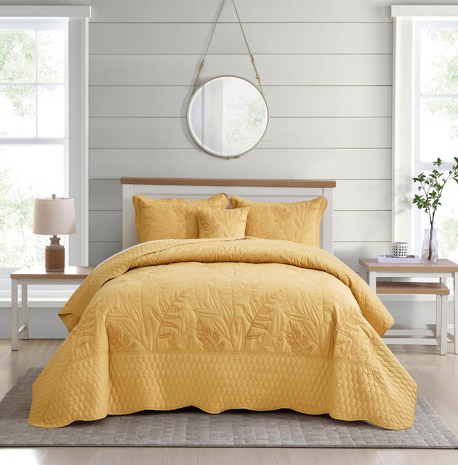 DaisyHuang Botanical Oversized Bedspread King Size - Leaves Pattern Stitching Quilt Set - Elegant & Fresh Style Bedding Coverlets, Reversible, Lightweight, 5 Piece, Honey Gold