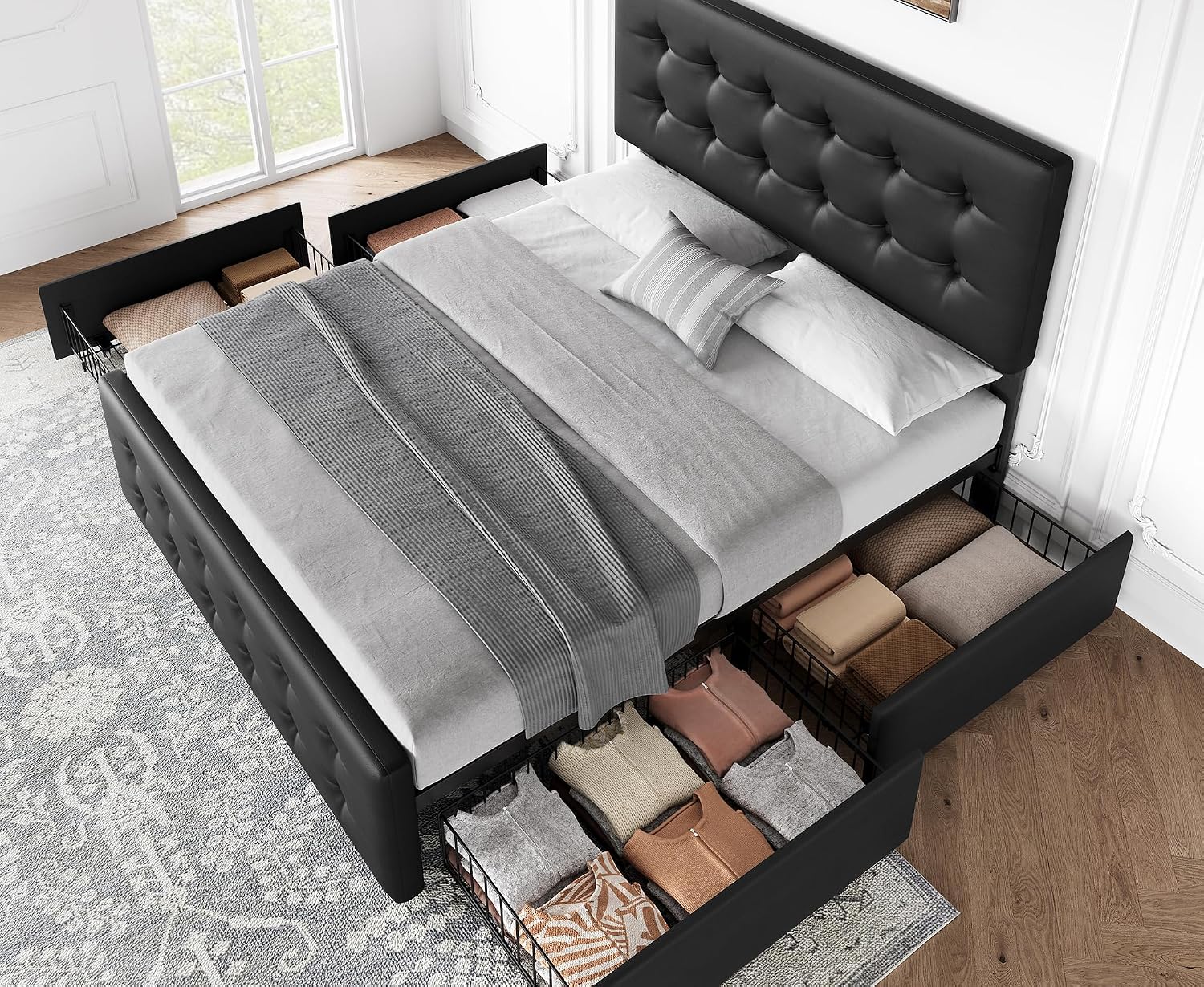 GAOMON Queen Size Bed Frame with 4 Drawers and Adjustable Headboard, PU Leather Upholstered Platform Bed with Button Tufted Design, No Box Spring Needed, Strong Wooden Slats, Black
