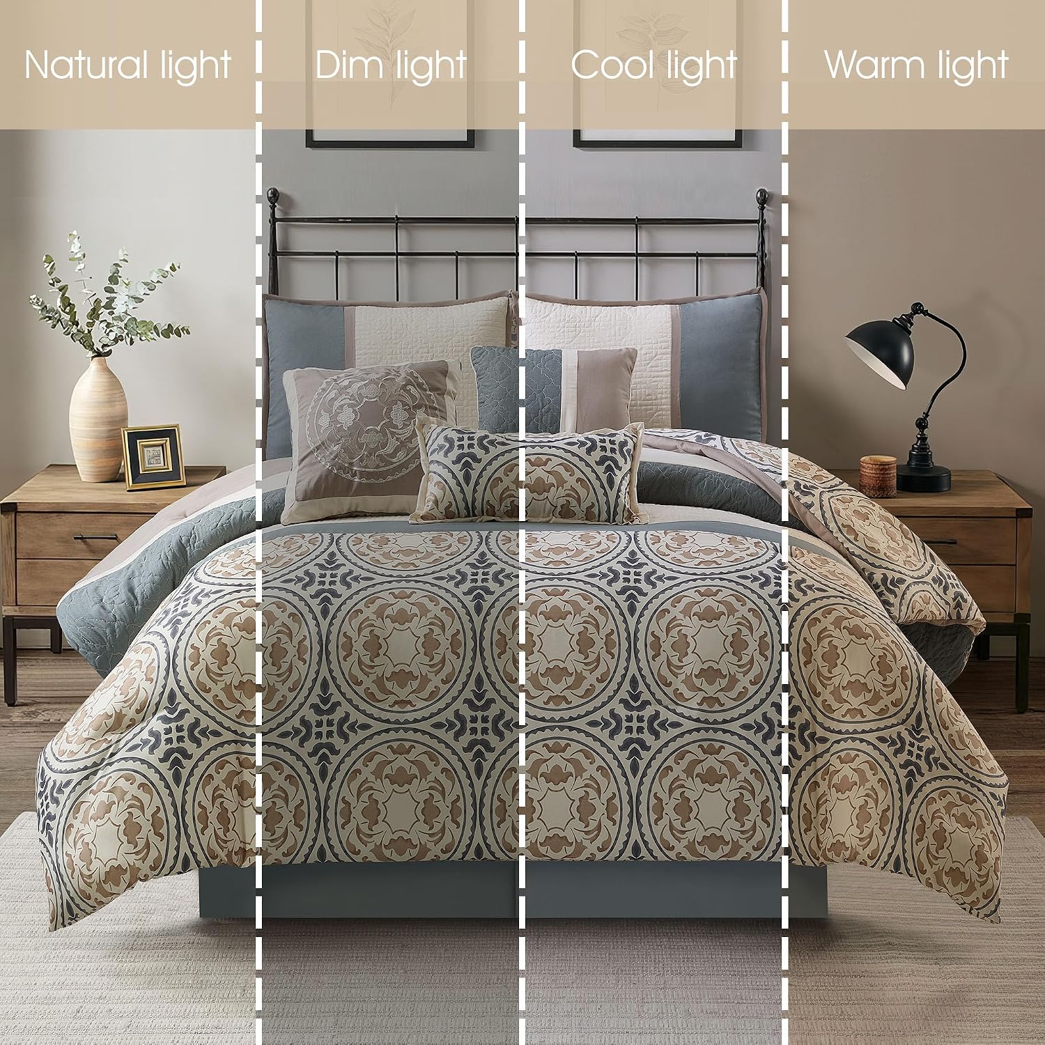 Grand Avenue Multi-Color Cal King Comforter Set, 7 Piece, Microfiber Print Bedding Sets & Collections, Pillow Shams Bedskirt, Home Decor