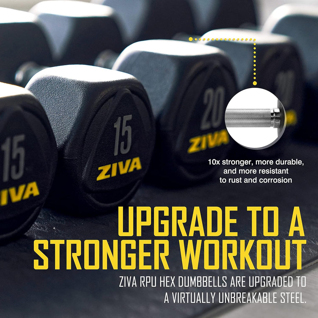 ZIVA Premium Hex Dumbbells – Commercial Grade Rubber Urethane Coated Free Weights for Strength Training, Weightlifting, Home Gym – Durable Steel Core – Sold in Pairs and Sets