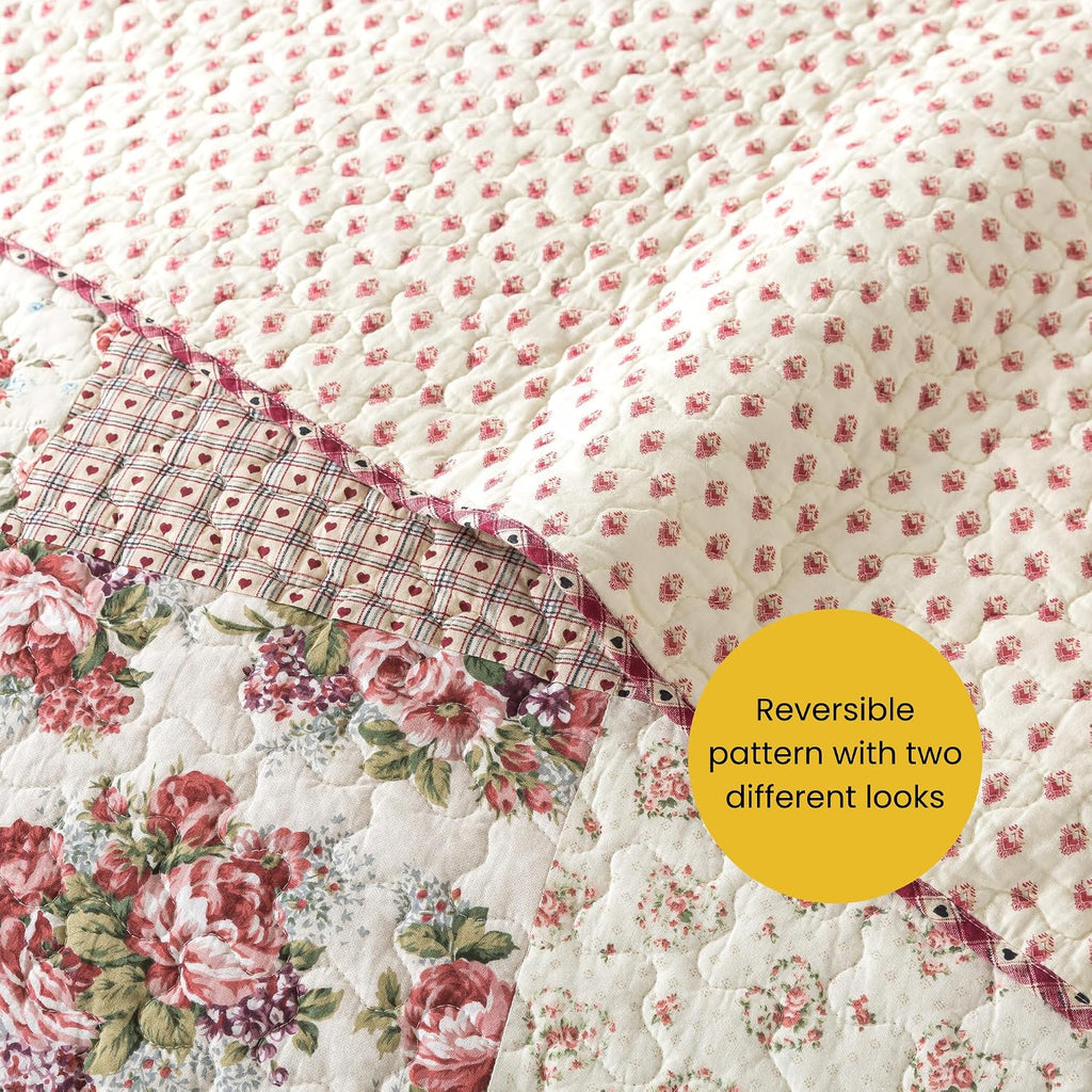 SLPR Country Roses Patchwork Cotton Pieced Quilt Set - King Size with 2 Shams, French Country Style Floral Bedding, Red Rose Farmhouse Quilted Bedspread with Flower Pattern