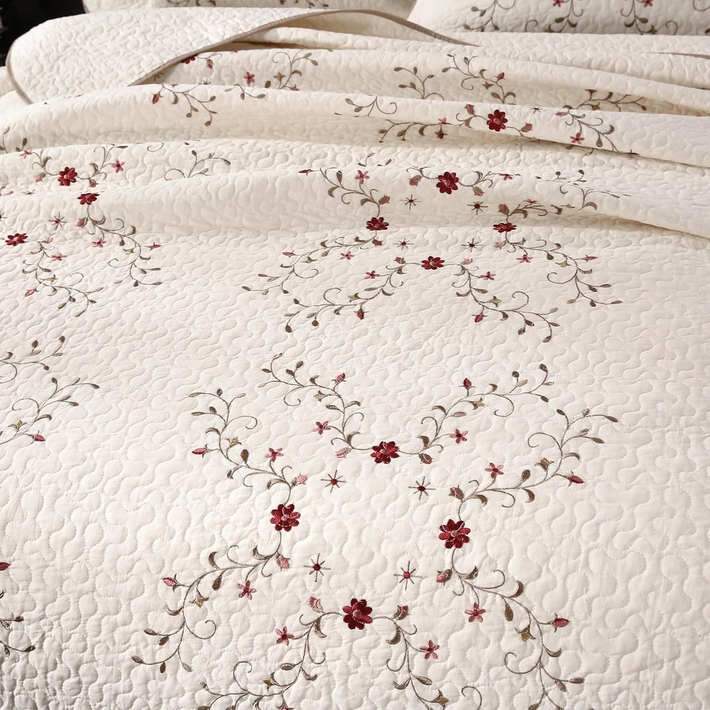 ROOMLIFE Quilt Set Floral Leaves 3D Embroidery Pattern 3 PCS Cotton Reversible Quilted Embroidered Decorative Bedspreads Coverlet Set, Lightweight &Soft Queen Size Bedding Coverlet for All Season