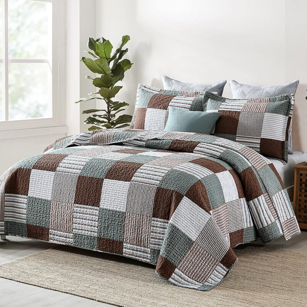 KALOOLA Plaid King Size Quilt Set, 100% Cotton Lightweight Quilted Bedspread with 2 Pillowshams for King Bed, Farmhouse Printed Bedding Set Coverlet for All Season, 3Pcs, Brown/Green