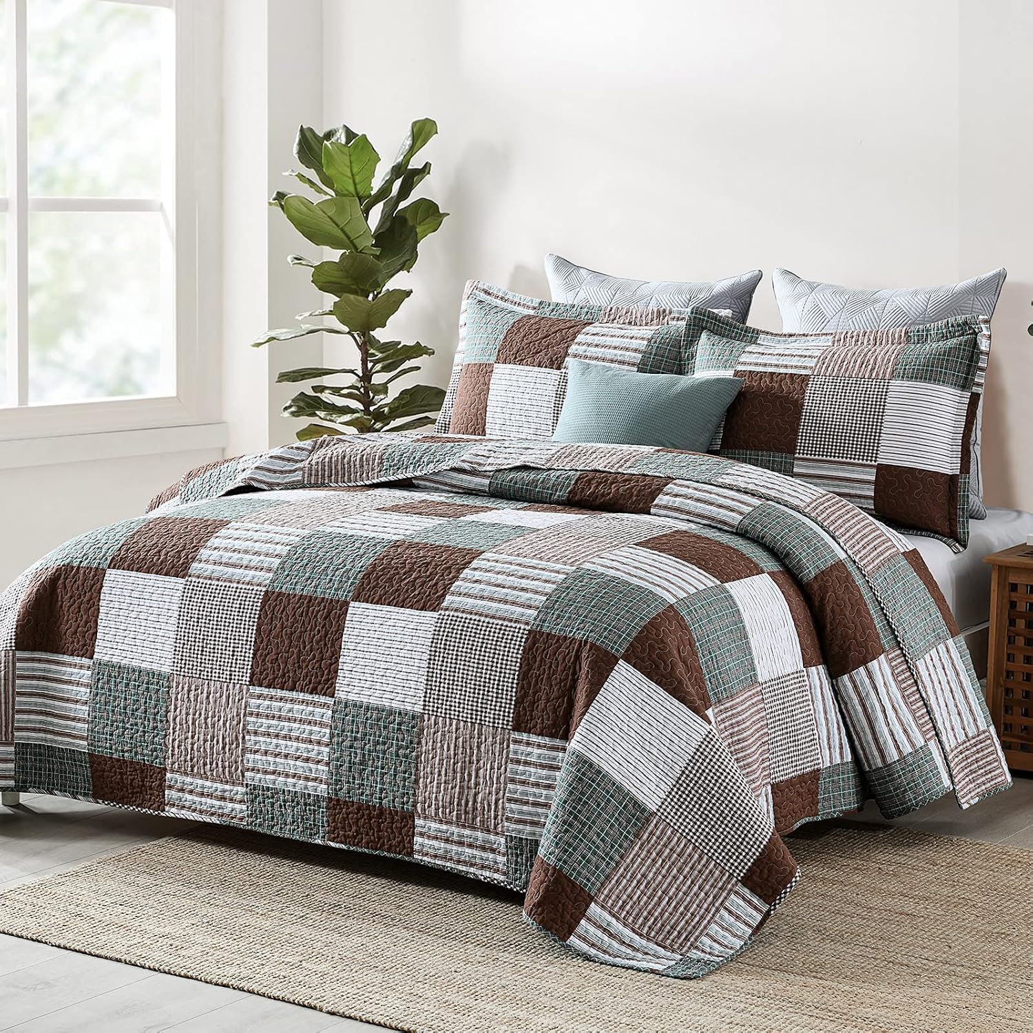 KALOOLA Plaid King Size Quilt Set, 100% Cotton Lightweight Quilted Bedspread with 2 Pillowshams for King Bed, Farmhouse Printed Bedding Set Coverlet for All Season, 3Pcs, Brown/Green