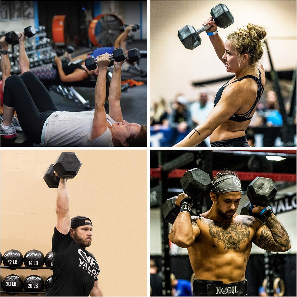 Valor Fitness Rubber Hex Dumbbell Free Weights for Home Gym Workout Equipment for Strength Training