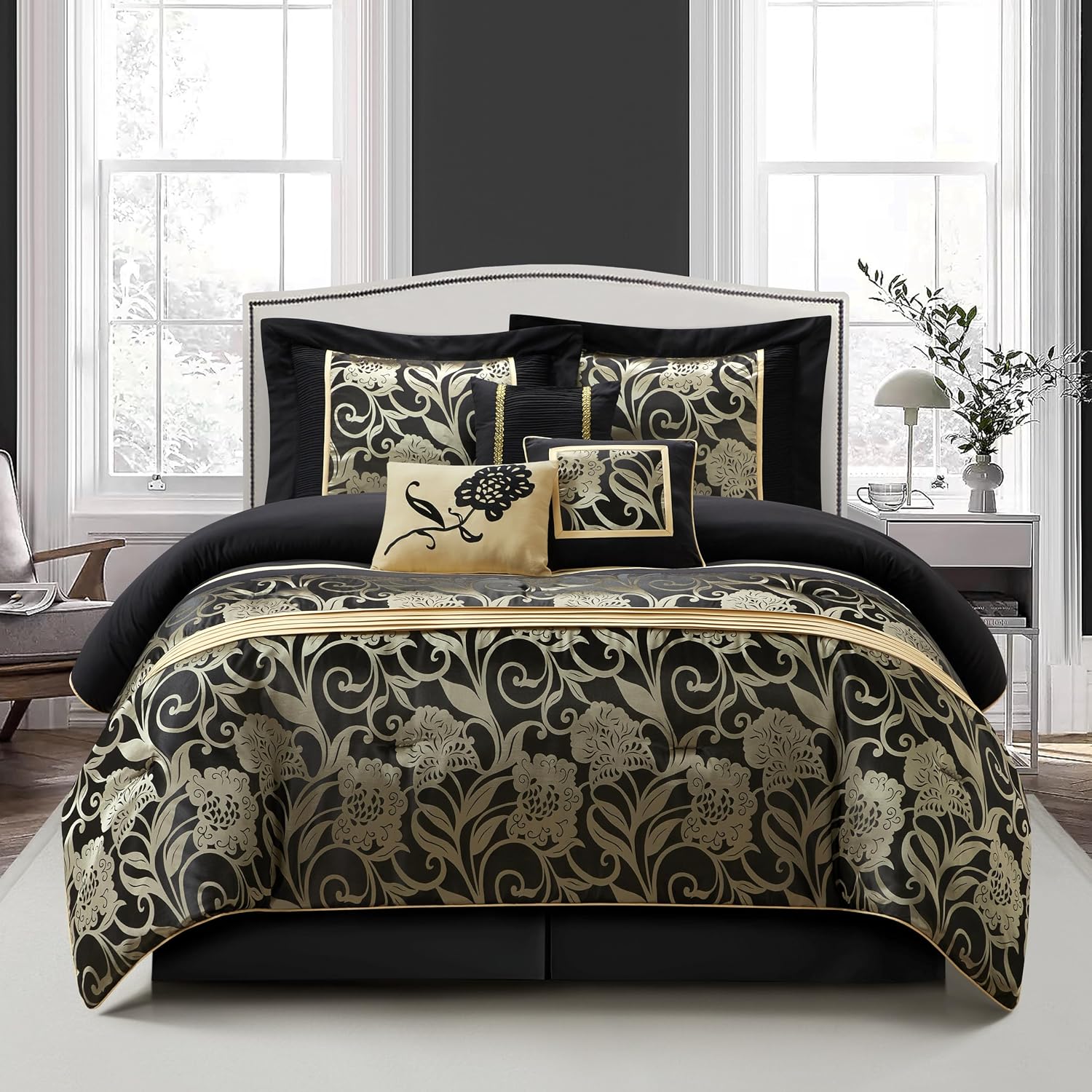 Stratford Park Jacquard 7-Piece Comforter Bedding Set Black, California King Floral Bedding Set, Matching Bedskirt, Pillows & Shams