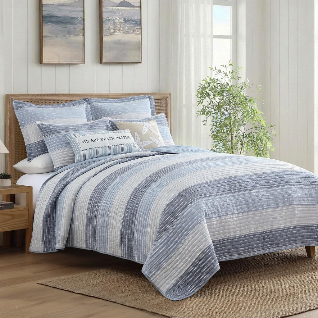 Levtex Home Sand Stripes Blue Full/Queen Quilt - 88x92in - Textured Stripe - Blue and White - Reversible - Cotton | Textured