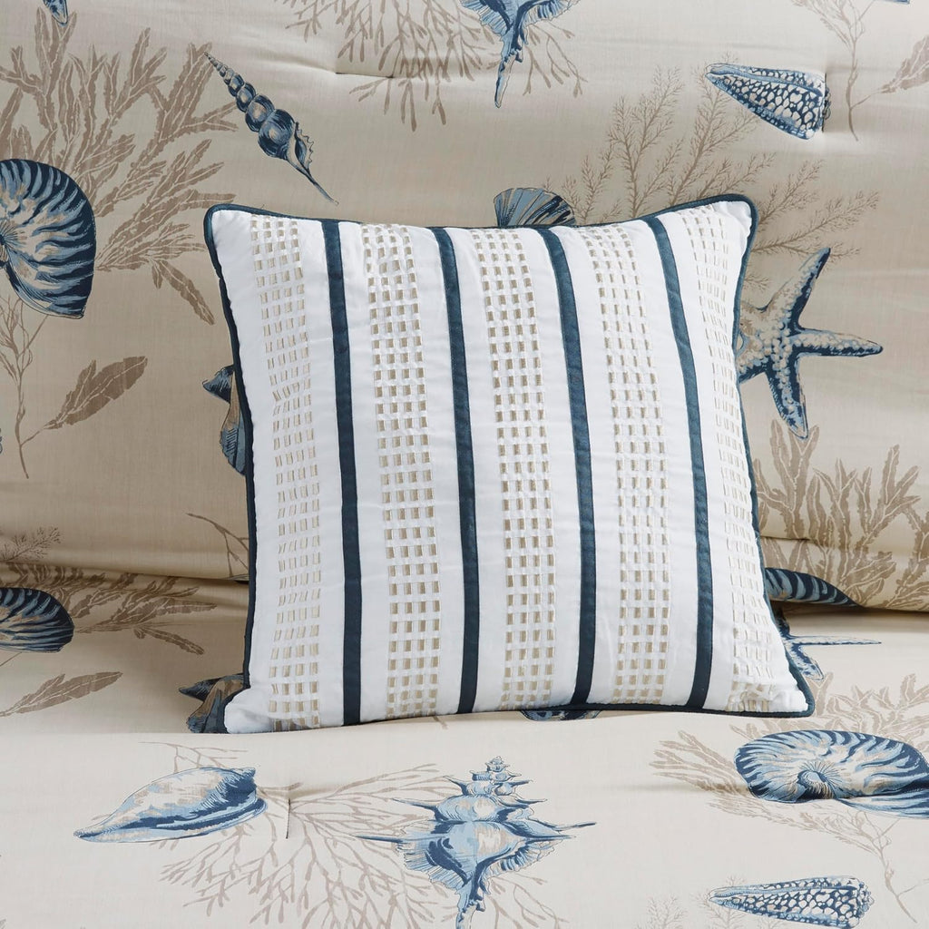 Madison Park 100% Cotton Comforter Set - Coastal Coral, Starfish Design All Season Down Alternative Cozy Bedding with Matching Shams, Decorative Pillow, Cal King(104'x92'), Taupe 7 Piece