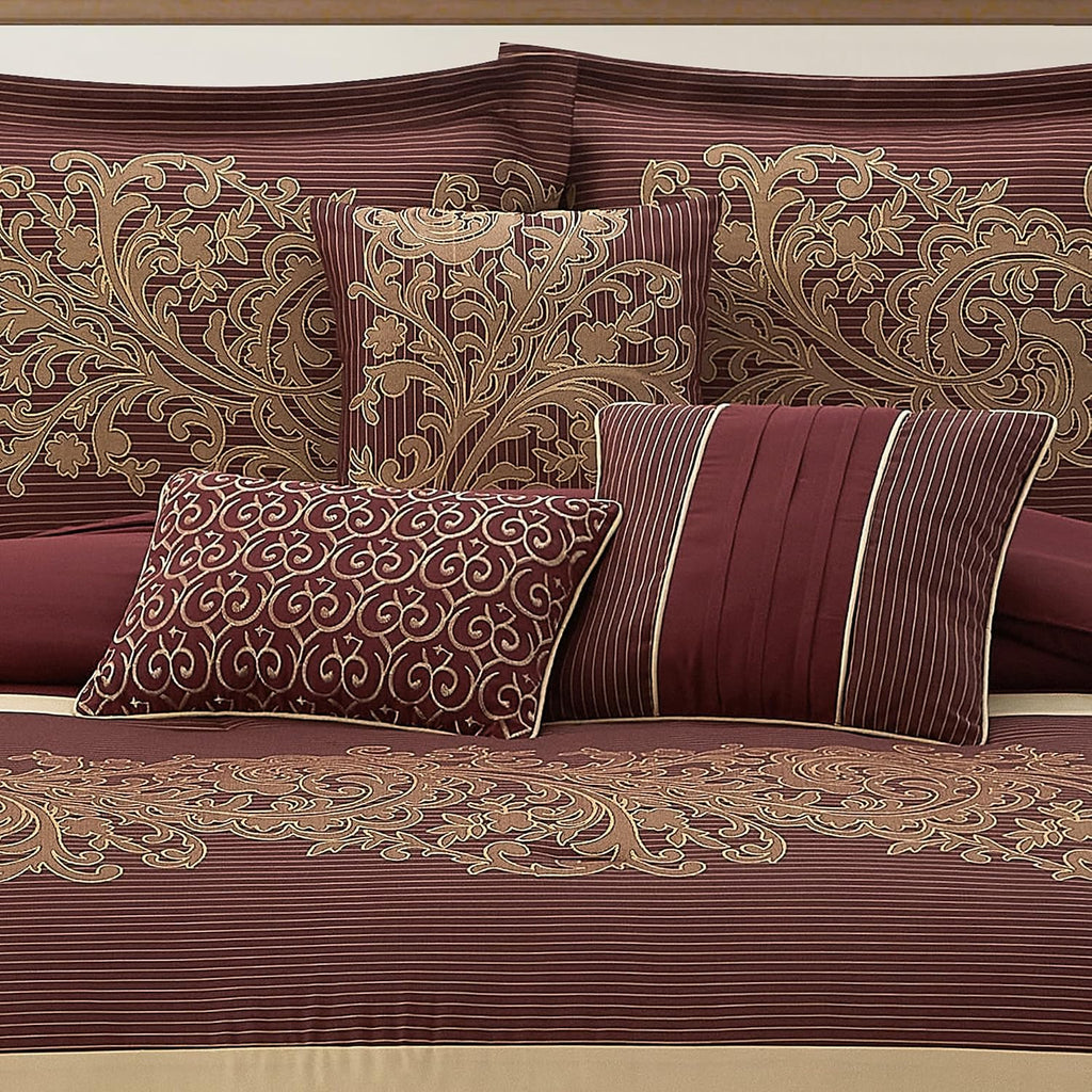 LANCO MODERN LIFESTYLE Red Gold Comforter Set, California King, Damask Jacquard with Matching Solid Piece Work, 7 Piece Soft Bedding Set for All Season, Bed Skirt, Pillow Shams and Decorative Pillows